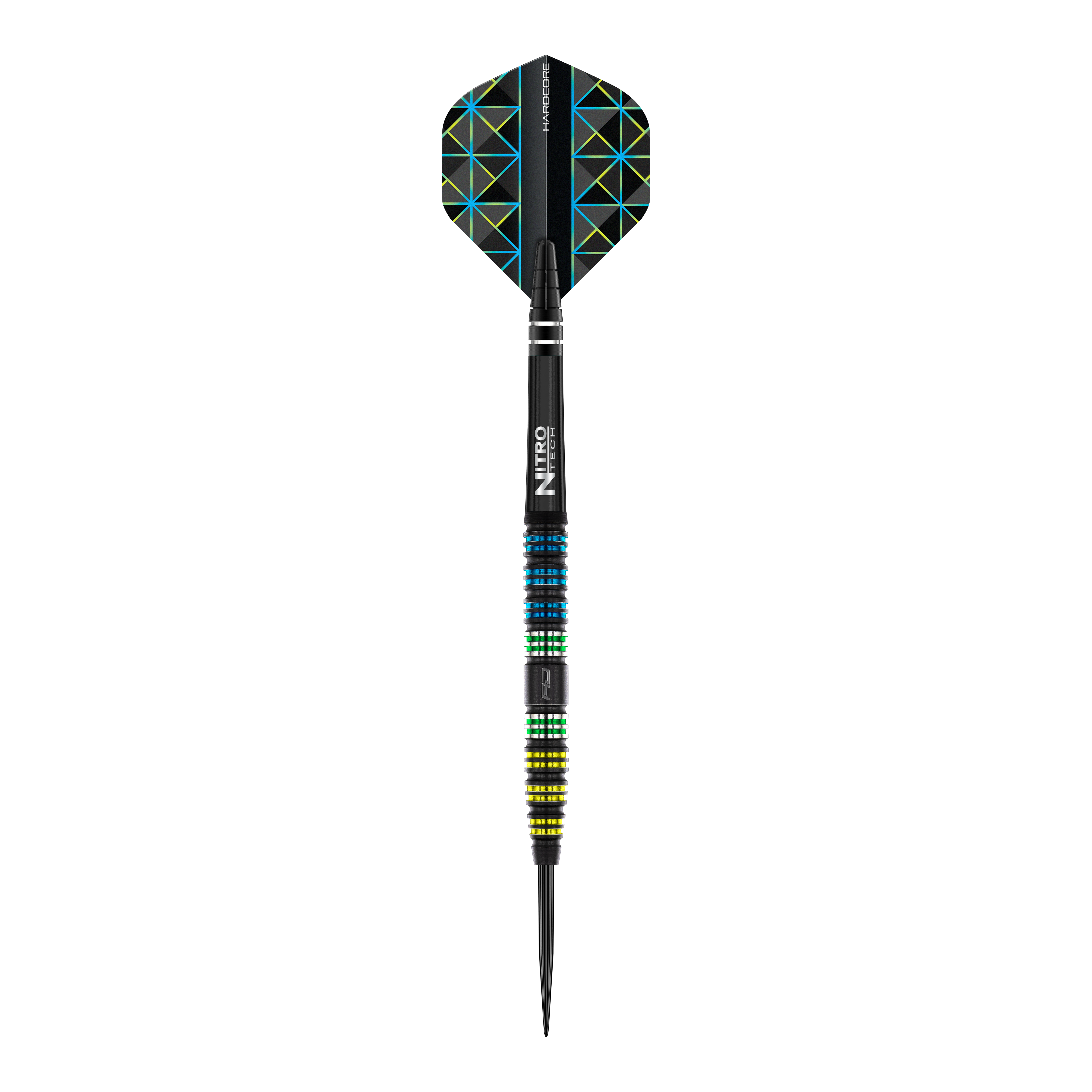 Red Dragon Dragonfly 95 freccette in acciaio coniche nere Das Bild zeigt einen Red Dragon Dragonfly 95 Black Tapered Steeldart. Der Dart hat ein schwarzes Design mit farbigen Ringen und geometrischen Mustern auf den Flights.
