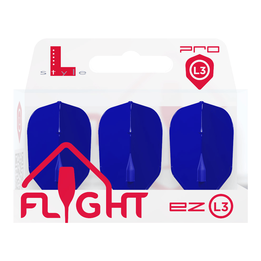 Voli L-L-Style3EZ Die Verpackung zeigt drei blaue Dart-Flights der Marke L-Style. Auf der Packung steht "FLIGHT ez L3" in roten Buchstaben.
