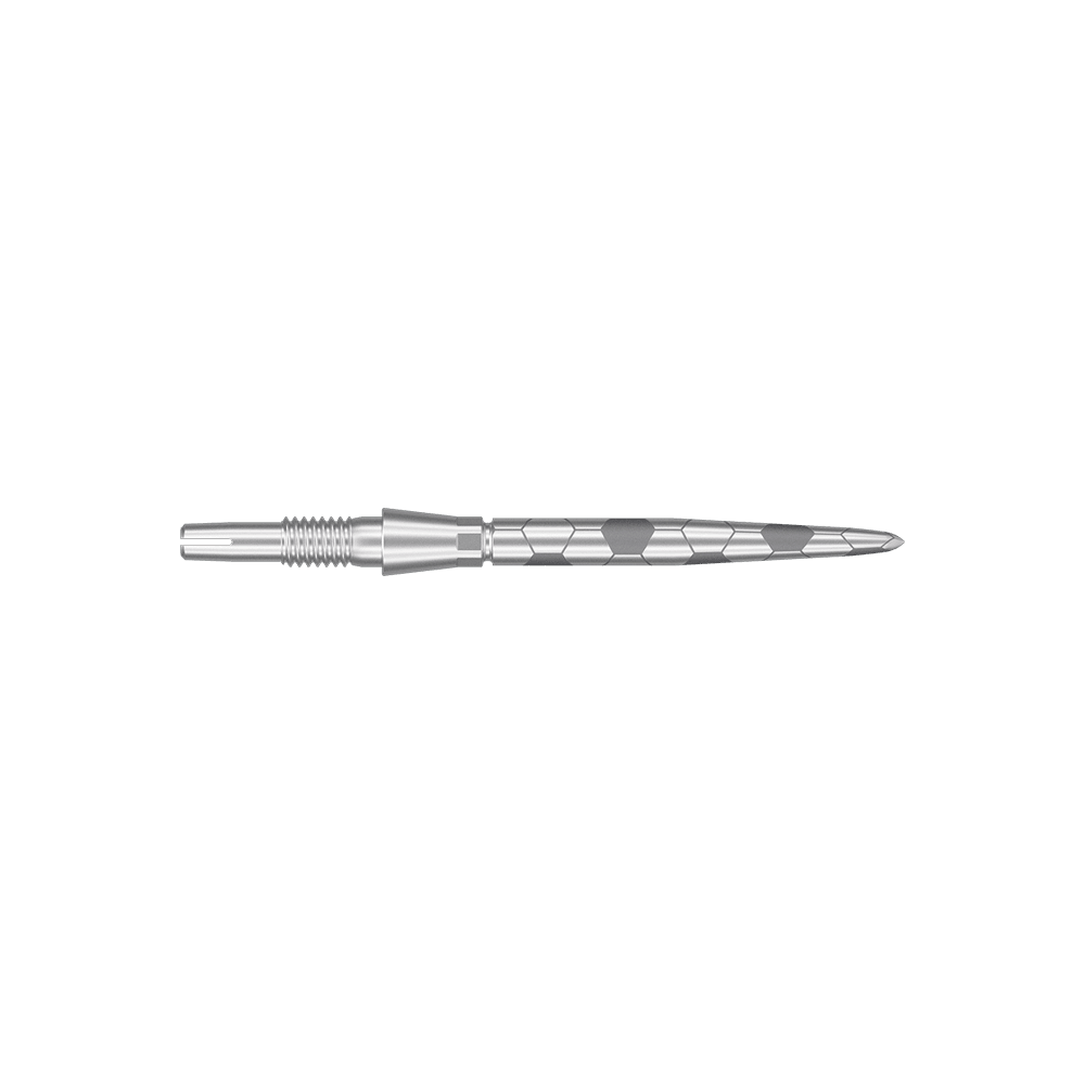 Punte per freccette Target Swiss Storm Onyx Point - Argento Auf dem Bild ist eine silberne Dartspitze mit Rillen und sechseckigen Mustern zu sehen. Sie ist lang und schlank gestaltet.