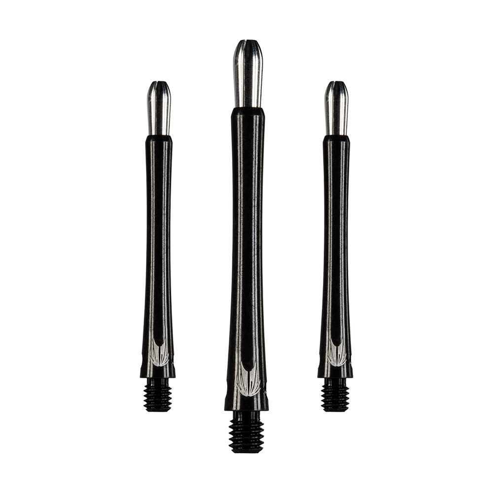 146210_Target_Grip_Style_Aluminium_Shafts_Schwarz_485mm_1 Auf dem Bild sind drei schwarze Aluminium-Dartschäfte in unterschiedlicher Länge zu sehen. Sie haben ein silbernes Oberteil und ein Gewinde am unteren Ende.