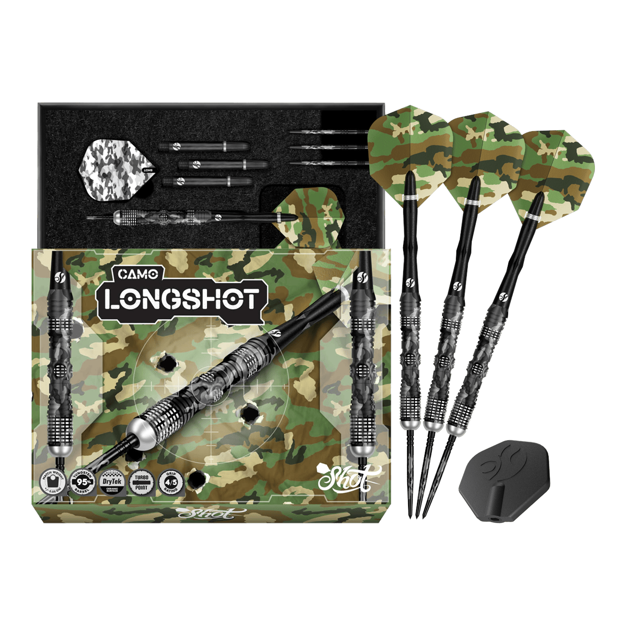 Das Bild zeigt Shot Camo Longshot Turbo Point Steeldarts - 23g in voller Ansicht. Mehrere Darts sind aufgereiht.