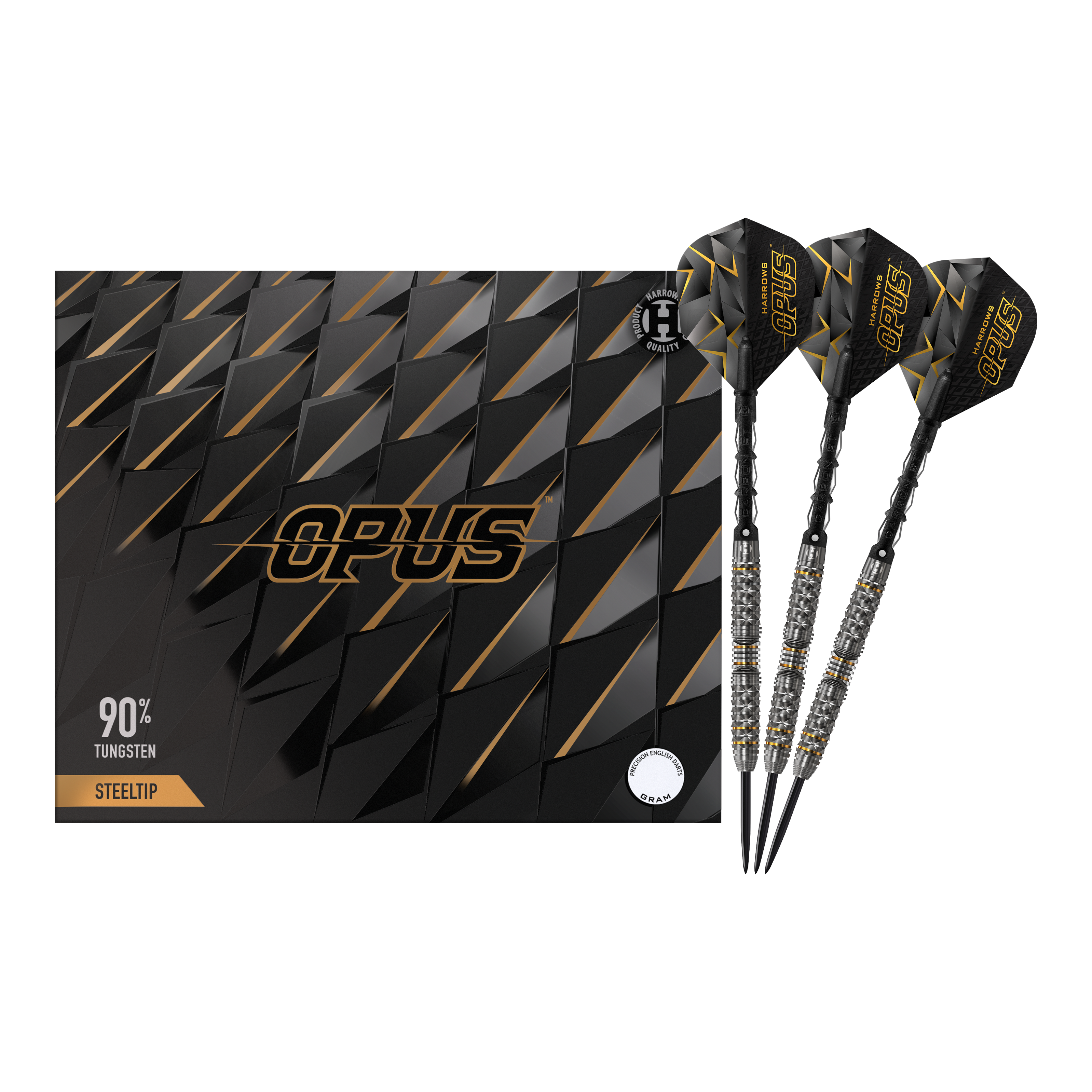Freccette d'acciaio Harrows Opus Das Bild zeigt das Produkt "Harrows Opus Steeldarts" mit einem eleganten schwarzen Design. Drei Steeldarts sind neben der stilvollen Verpackung abgebildet.