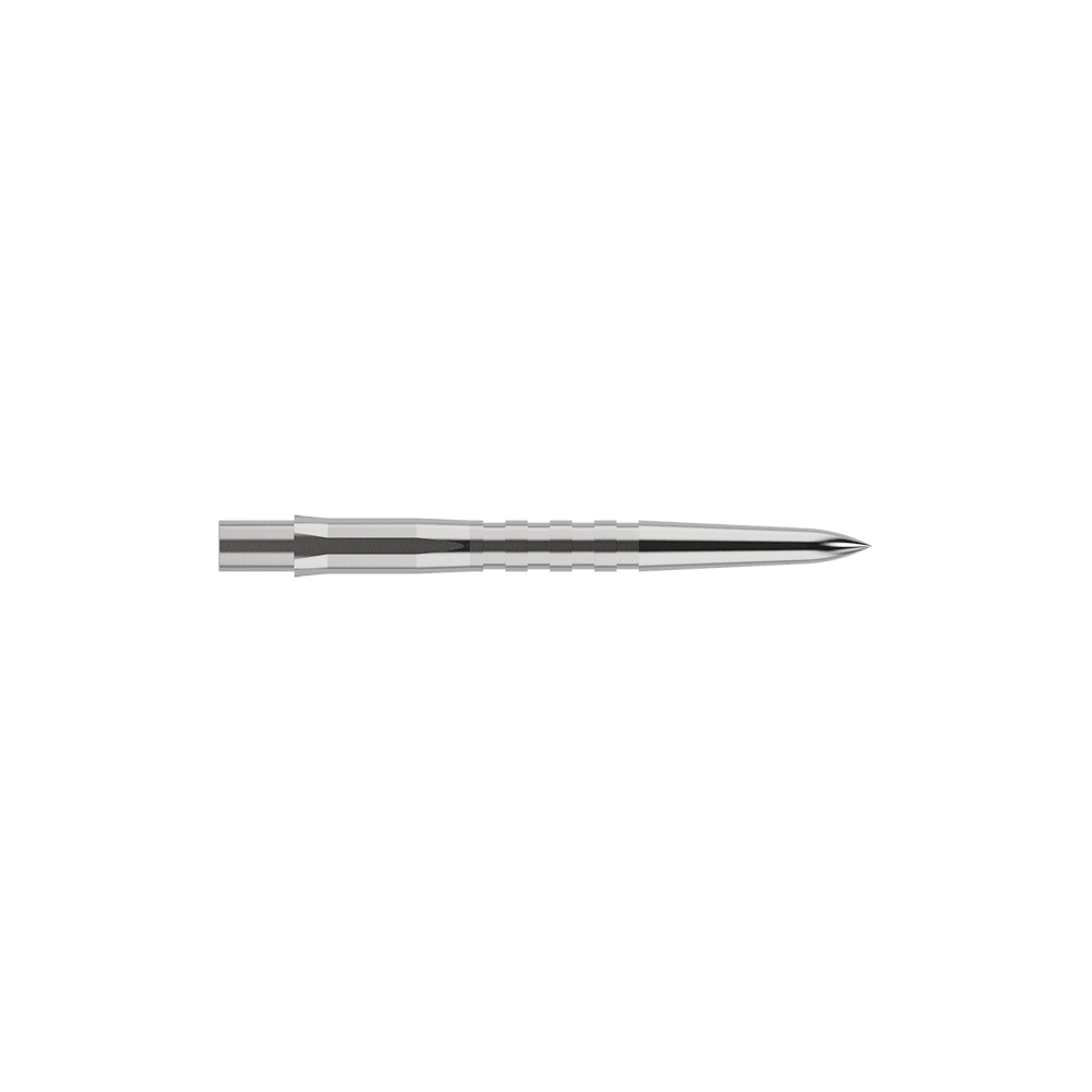 Auf dem Bild ist eine silberne, gerillte Steeldartspitze zu sehen. Sie ist schmal, lang und hat eine spitze Vorderseite.