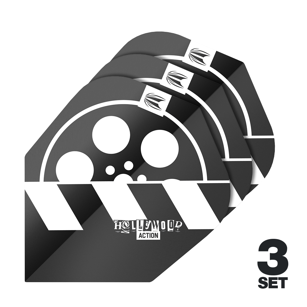 Target Pro Ultra Chris Dobey Hollywood Action No.6 Flights - 3 set Das Bild zeigt drei Sets der Target Pro Ultra Chris Dobey Hollywood Action No6 Flights. Die Flights haben ein schwarz-weißes Design mit einem Filmrollen- und Klappenmotiv sowie dem Schriftzug "Hollywood Action".