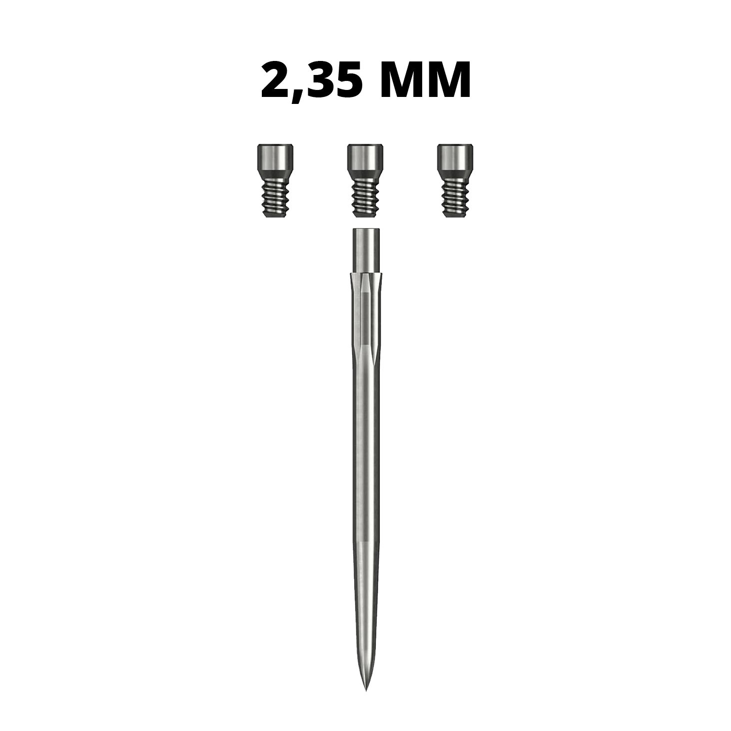 Rubinetti del sistema Caliburn Hier sieht man eine Caliburn Evo System Steeldartspitze Spigot mit einer Länge von 23,5 mm. Die silberne Spitze ist einzeln dargestellt.