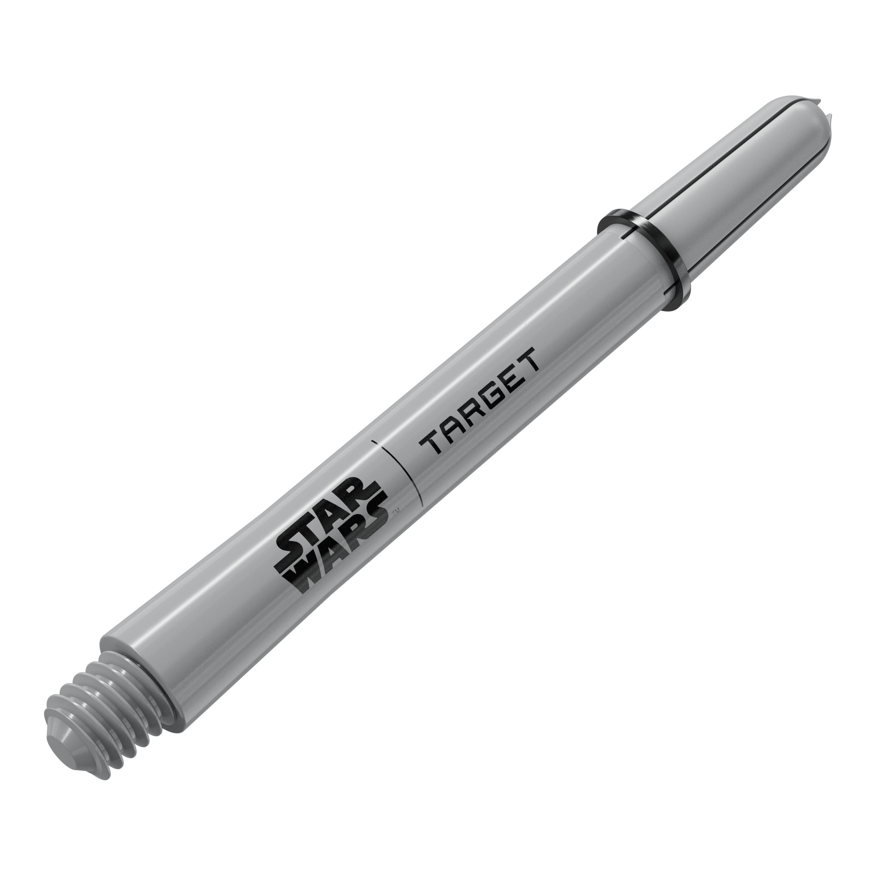 Aste Target Star Wars ProGrip - Grigio Das Bild zeigt ein Dart-Zubehör mit dem Dateinamen 380432_Target_StarWars_ProGrip_Shafts_Grau_Medium_48mm_2. Es handelt sich vermutlich um einen weiteren grauen Medium ProGrip Shaft von Star Wars mit 48mm Länge.