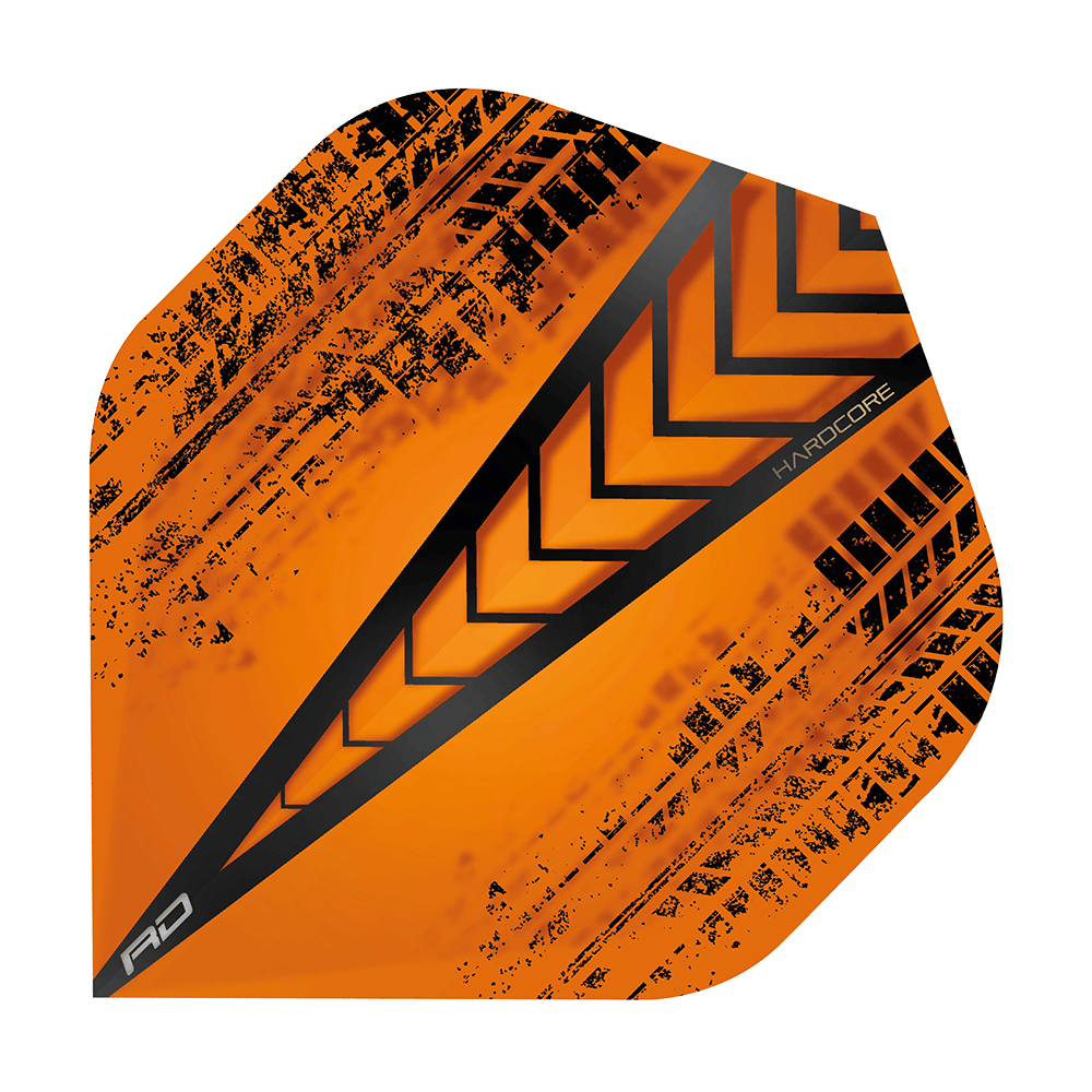 TF6333_Red_Dragon_Hardcore_Radical_Orange_Standard_Flights_13VKC7XEN0l9IN Das Bild zeigt ein Hardcore Radical Orange Standard Flight von Red Dragon. Es hat ein auffälliges orangefarbenes Design mit schwarzen Pfeil- und Musterakzenten.