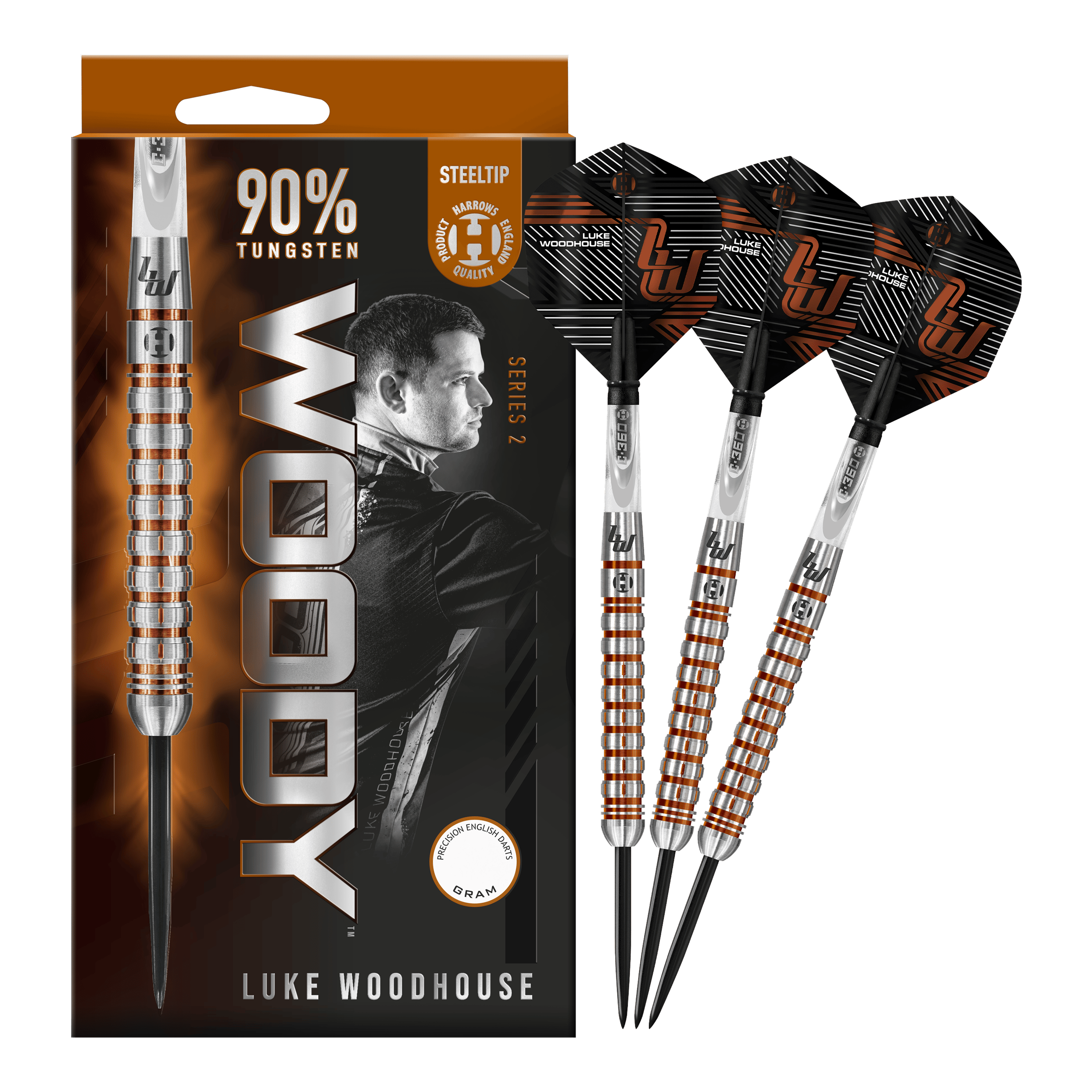Freccette in acciaio Luke Woodhouse Series 2 di Harrow Auf dem Bild sind die Harrows Luke Woodhouse Series 2 Steeldarts zu sehen. Die Verpackung zeigt das Dart-Design sowie ein Porträt von Luke Woodhouse und die Aufschrift "90% Tungsten".