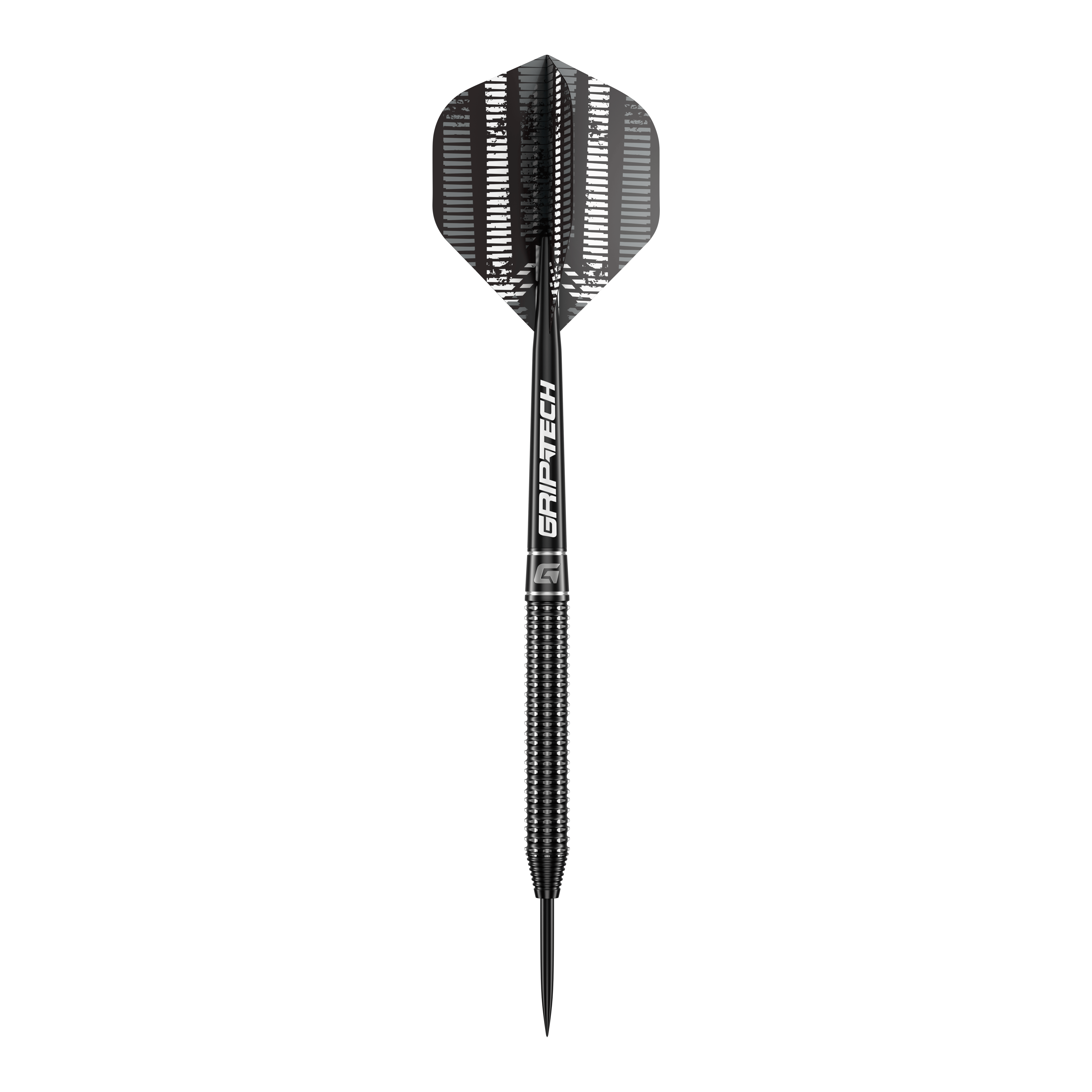 Freccette in acciaio al tungsteno GOAT Sprocket Das Bild zeigt einen einzelnen GOAT Sprocket Tungsten Steeldart. Der Dart hat ein modernes, schwarzes Design mit dem Schriftzug "GRIPTECH" auf dem Schaft.