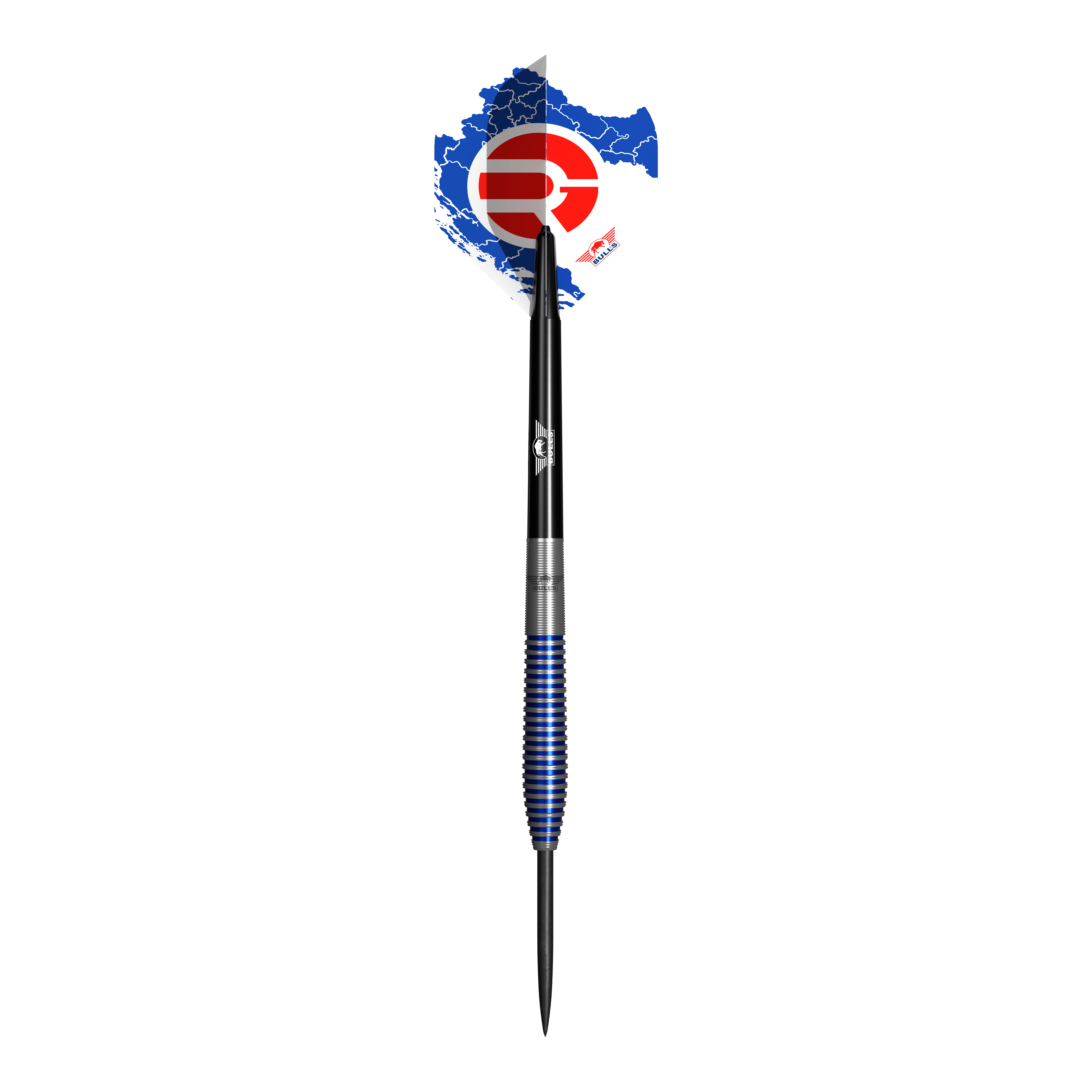 Bulls NL Romeo Grbavac freccette in acciaio - 23 g Das Bild zeigt einen Steeldart namens "Bulls NL Romeo Grbavac Steeldarts - 23g". Der Dartpfeil hat einen schwarz-silber-blauen Schaft und eine Flights mit blau-weiß-rotem Design.