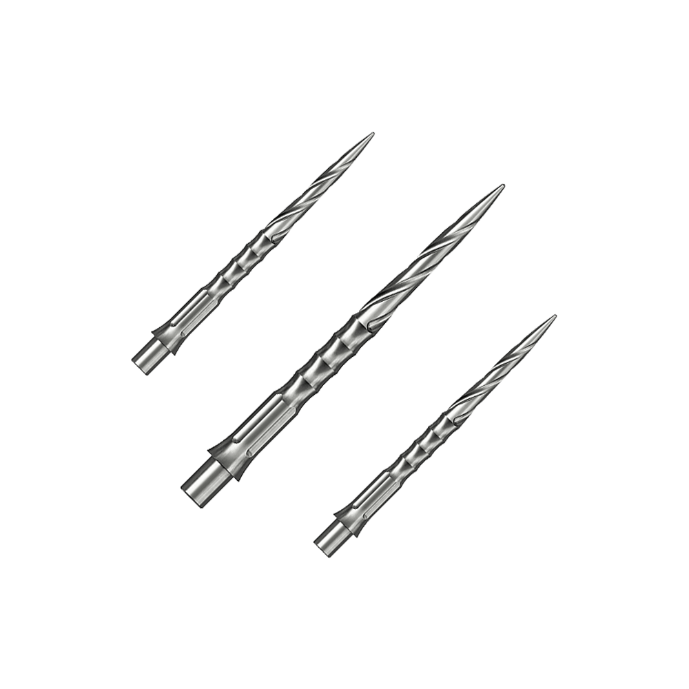 Punte per freccette in acciaio Caliburn System - Spiro - NoLip - argento Ein Set silberner Steeldartspitzen ist auf dem Bild zu sehen. Die Spitzen sind im Spiro NoLip Stil und 30 mm lang.