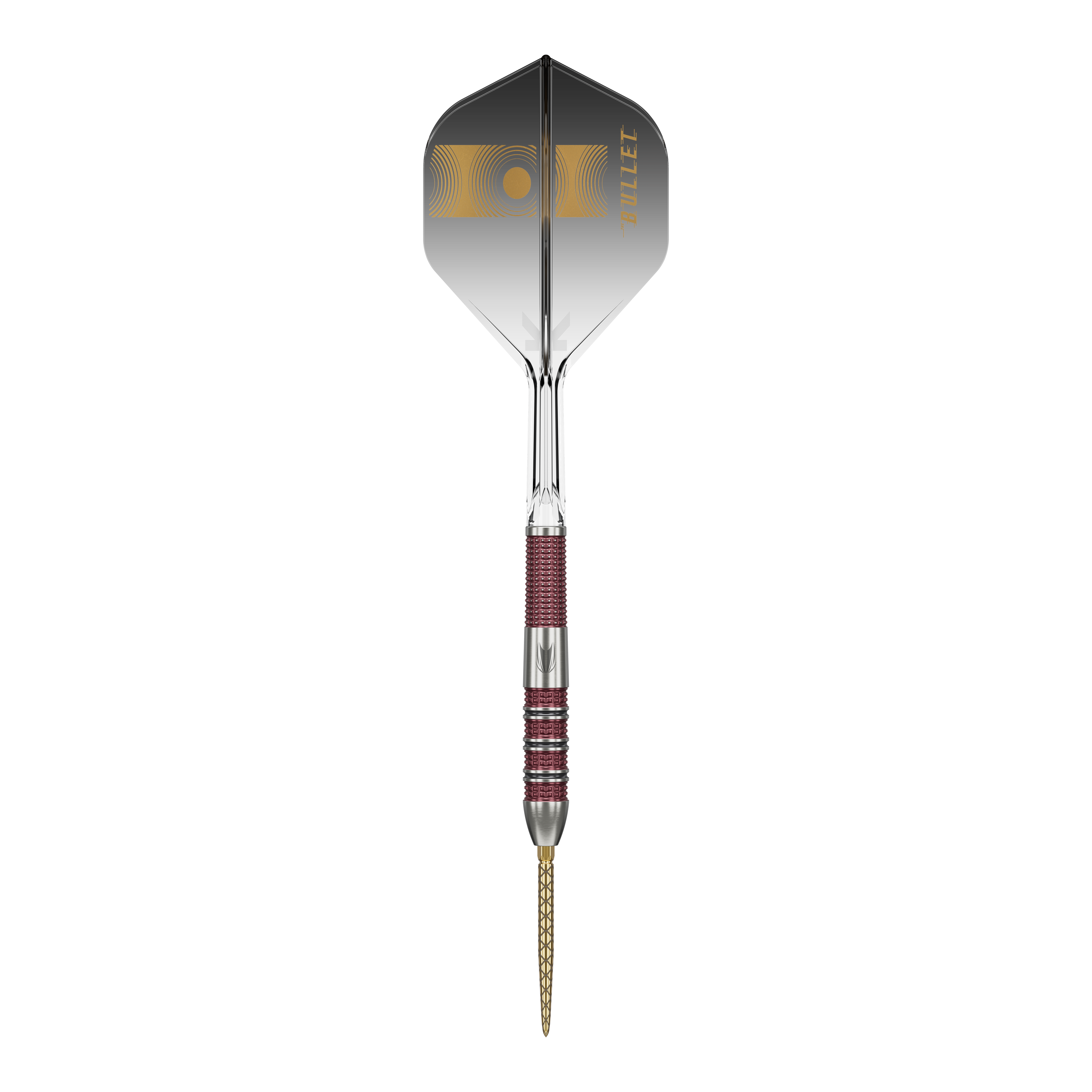Das Bild zeigt einen Target Stephen Bunting 95K Swiss Point Steeldart. Der Dart hat ein elegantes Design mit einer Mischung aus silbernen und roten Elementen sowie einer schwarzen Flügel mit goldener Aufschrift.