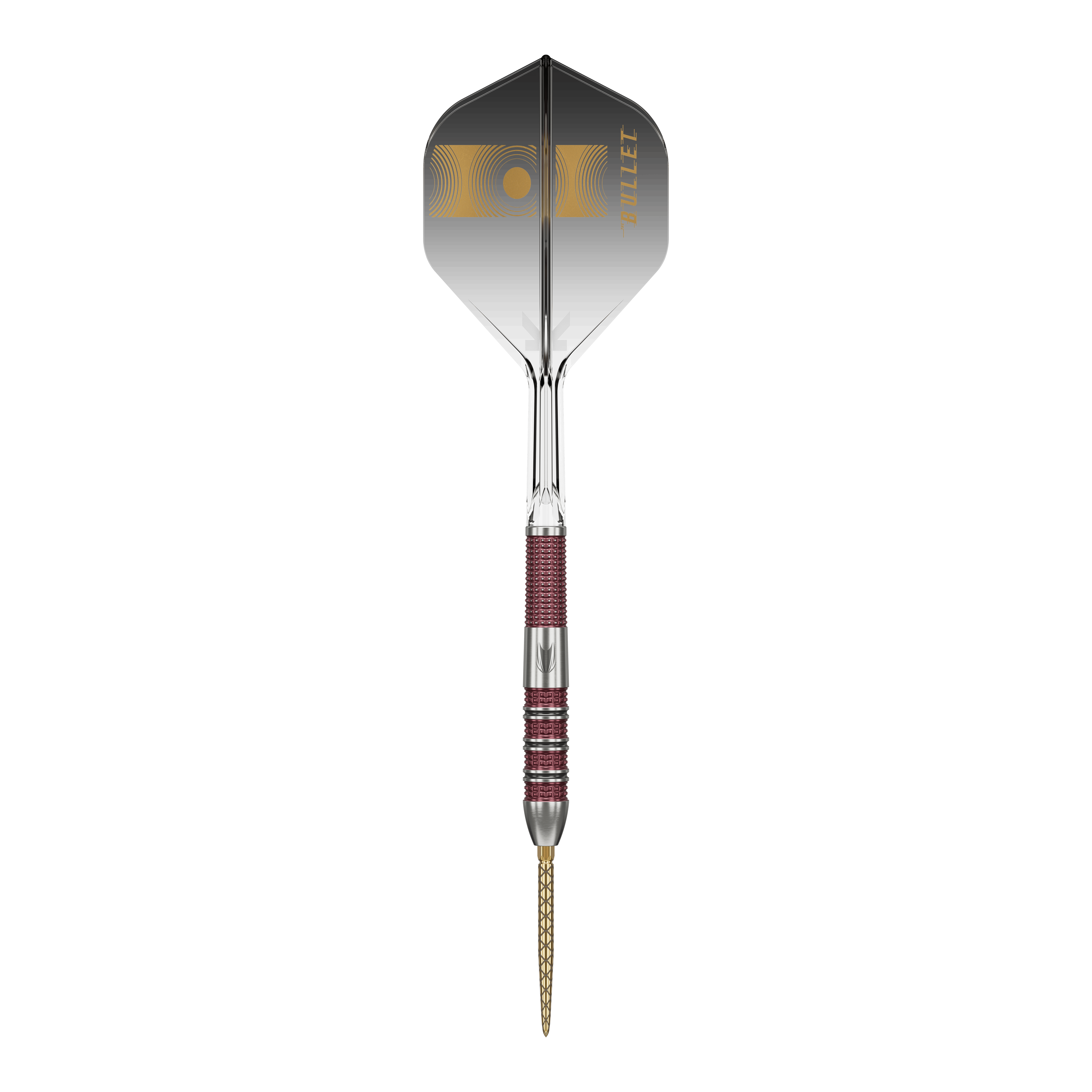 Freccette in acciaio Target Stephen Bunting 95K Swiss Point Das Bild zeigt einen Target Stephen Bunting 95K Swiss Point Steeldart. Der Dart hat ein elegantes Design mit einer Mischung aus silbernen und roten Elementen sowie einer schwarzen Flügel mit goldener Aufschrift.