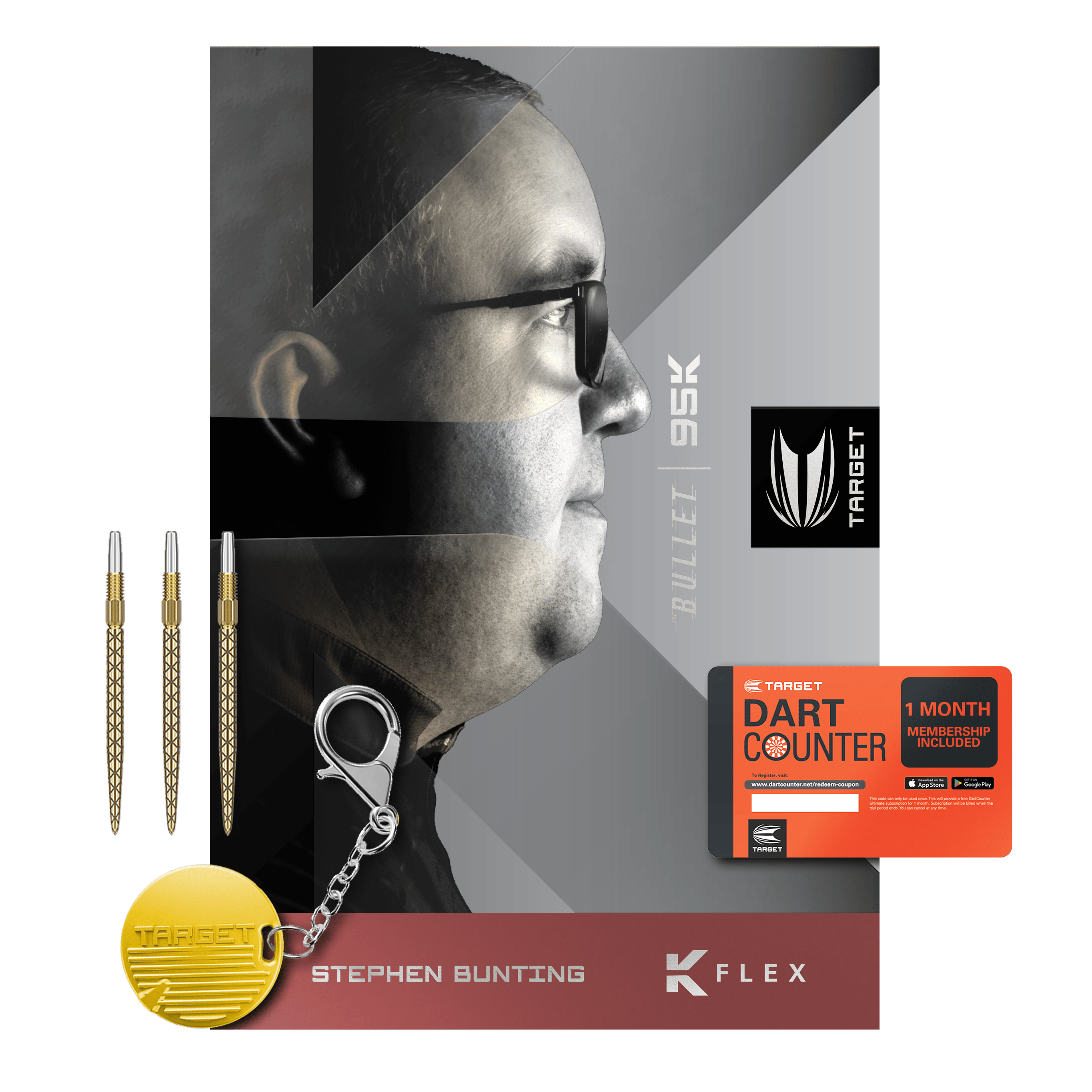 Freccette in acciaio Target Stephen Bunting 95K Swiss Point Das Bild zeigt das Produkt "Target Stephen Bunting 95K Swiss Point Steeldarts" mit drei Dartpfeilen, einem Schlüsselanhänger und einer Dart Counter-Mitgliedskarte. Auf der Verpackung ist ein Porträtfoto von Stephen Bunting abgebildet.