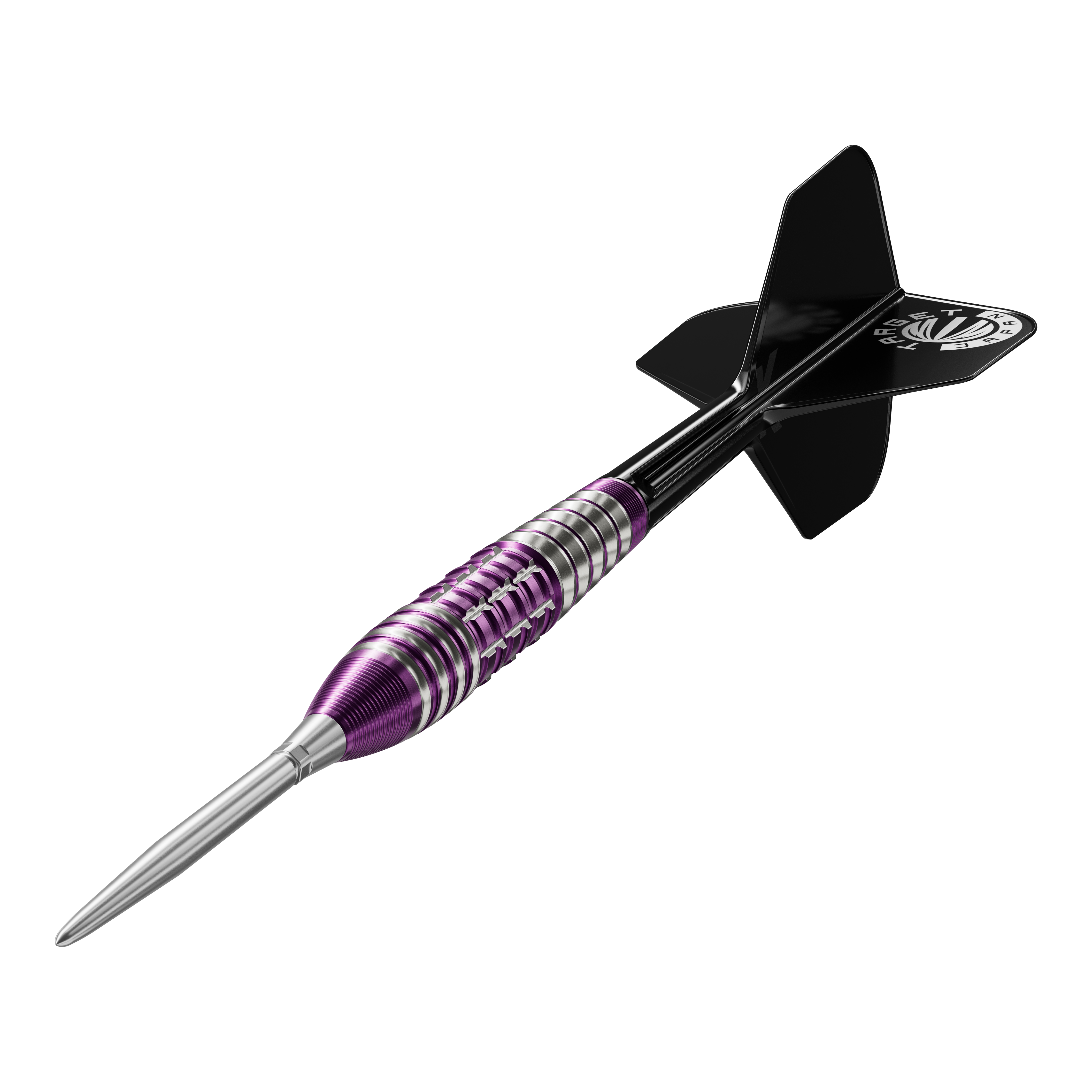 Freccette in acciaio Target Japan Prime Series Tung Suk Zenith GEN1 Swiss Point - 23 g Dies ist ein Steeldart aus der Target Japan Prime Serie in der Ausführung "Tung Suk Zenith GEN1 Swiss Point" mit 23g Gewicht. Der Dart hat ein auffälliges Design mit lila und silbernen Ringen und schwarzen Flights.