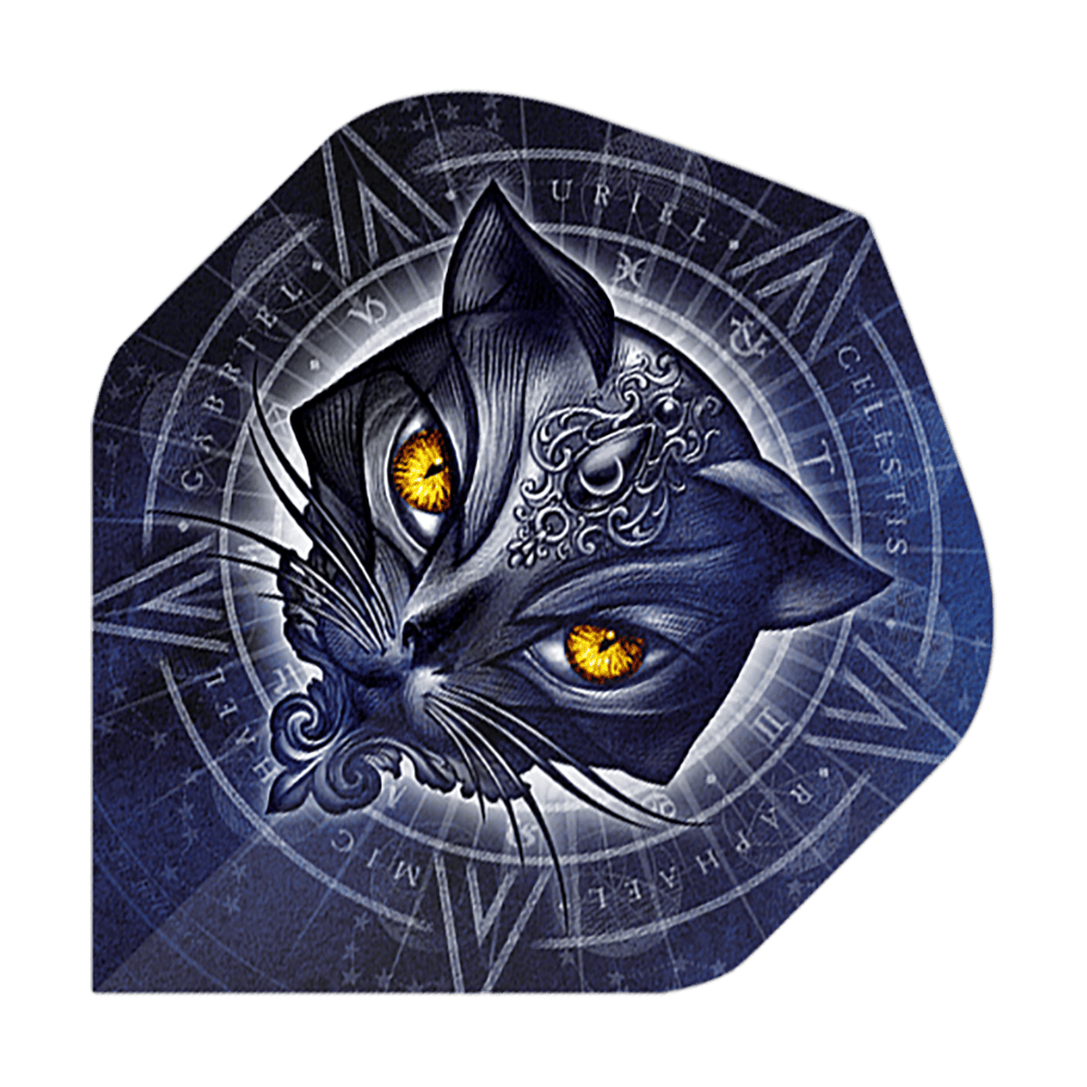 Alchemy Star Of Ailouros No2 Voli Standard Das Bild zeigt einen stilisierten Katzenkopf mit leuchtend gelben Augen vor einem mystischen, blauen Hintergrund. Im Hintergrund sind verschiedene Symbole und Schriftzüge in einem kreisförmigen Muster angeordnet.
