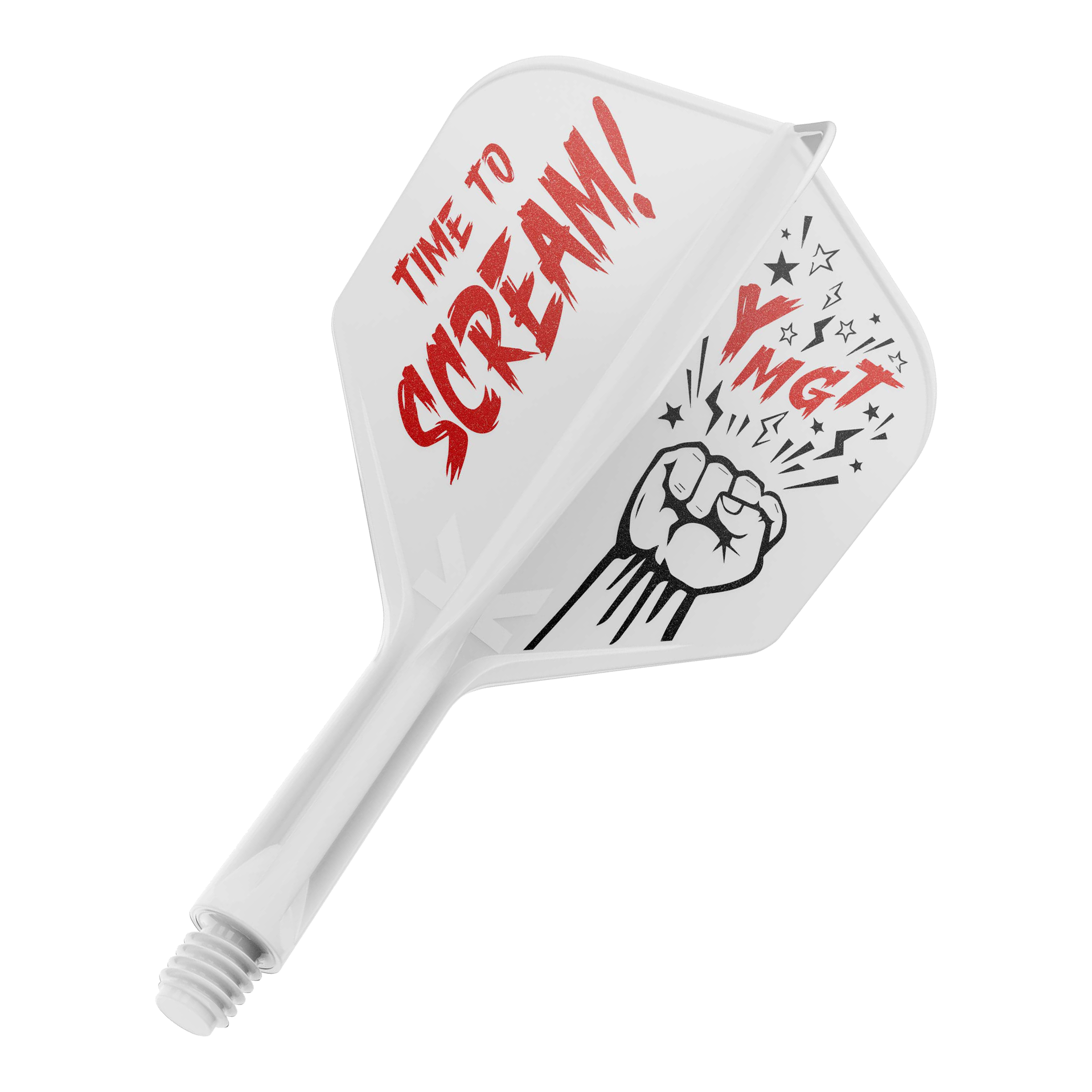 Sistema di albero di volo Target Japan K-Flex Scream No6 Das Bild zeigt eine Dartflügel- und Schaftkombination in Weiß mit roter und schwarzer Beschriftung. Auf dem Flügel steht "TIME TO SCREAM!" zusammen mit einer gezeichneten Faust und einigen Sternen.