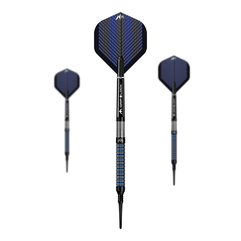 Freccette morbide Mission Nightfall Model 1 Das Bild zeigt drei Softdarts des Modells "Mission Nightfall Model 1". Die Darts haben schwarze Spitzen, blaue Flügel und einen silber-blau gestreiften Griff.