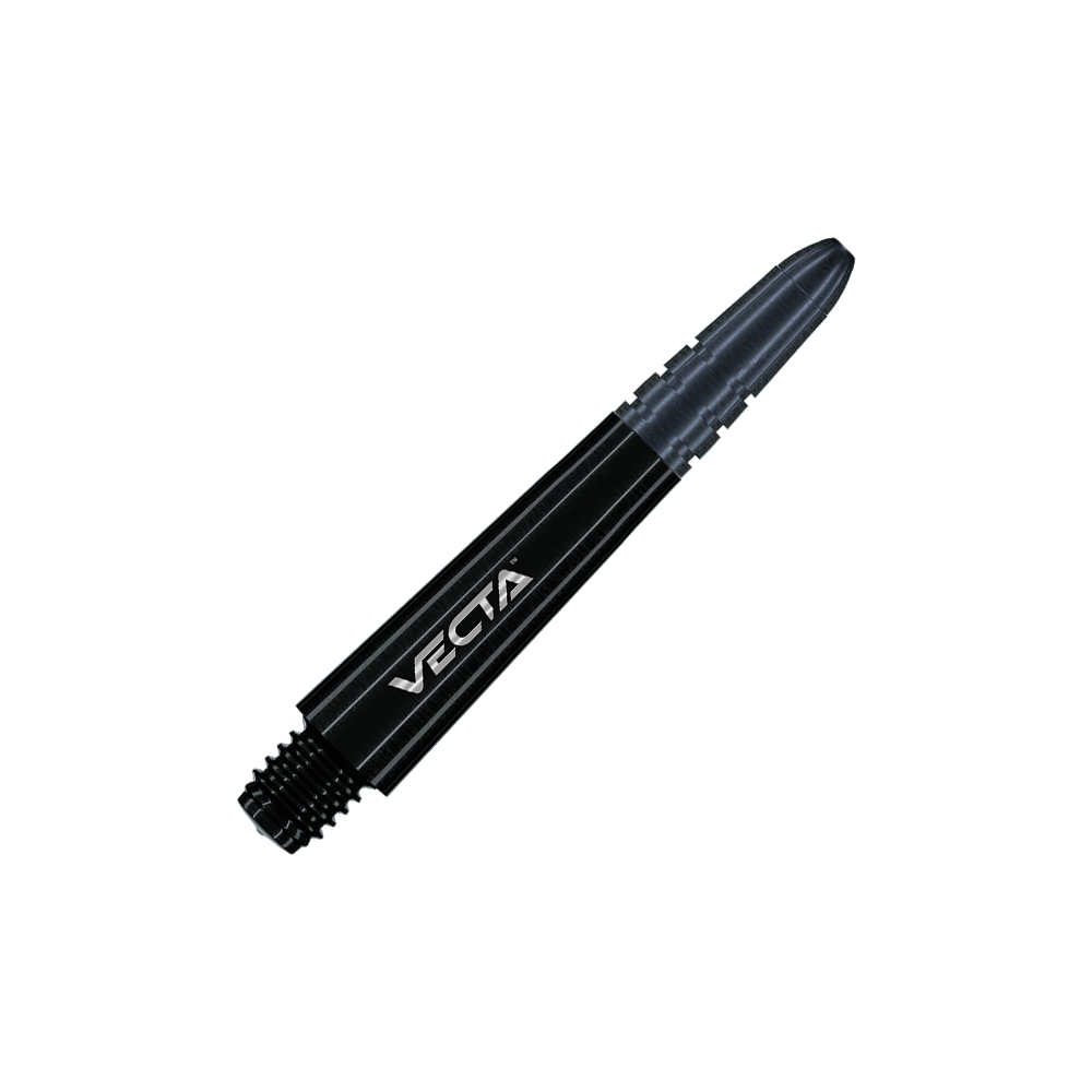 7025-101_Winmau_Vecta_Shafts_Schwarz_34mm_2 Das Bild zeigt einen schwarzen Dartshaft mit der Aufschrift "VECTA". Der Shaft besteht aus Metall und hat eine Länge von 34 mm.