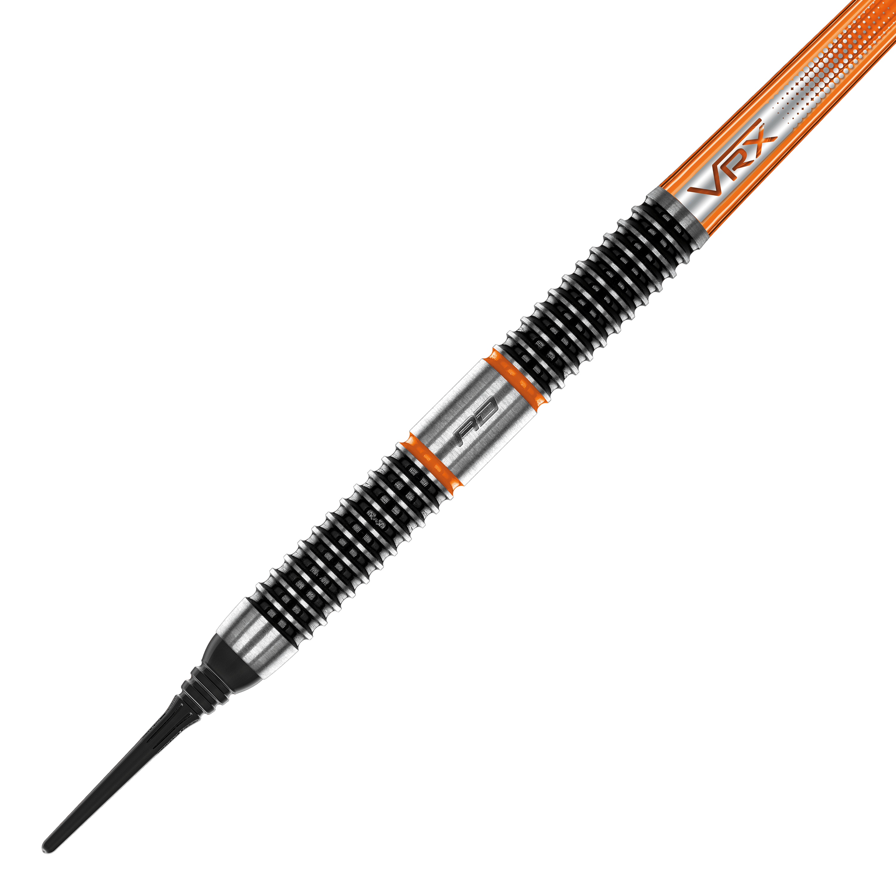 Red Dragon Amberjack 18 freccette morbide - 20 g Das Bild zeigt einen Red Dragon Amberjack 18 Softdart mit einem Gewicht von 20 Gramm. Der Dartpfeil hat ein markantes Design mit schwarzen und silbernen Rillen sowie orangen Akzenten.
