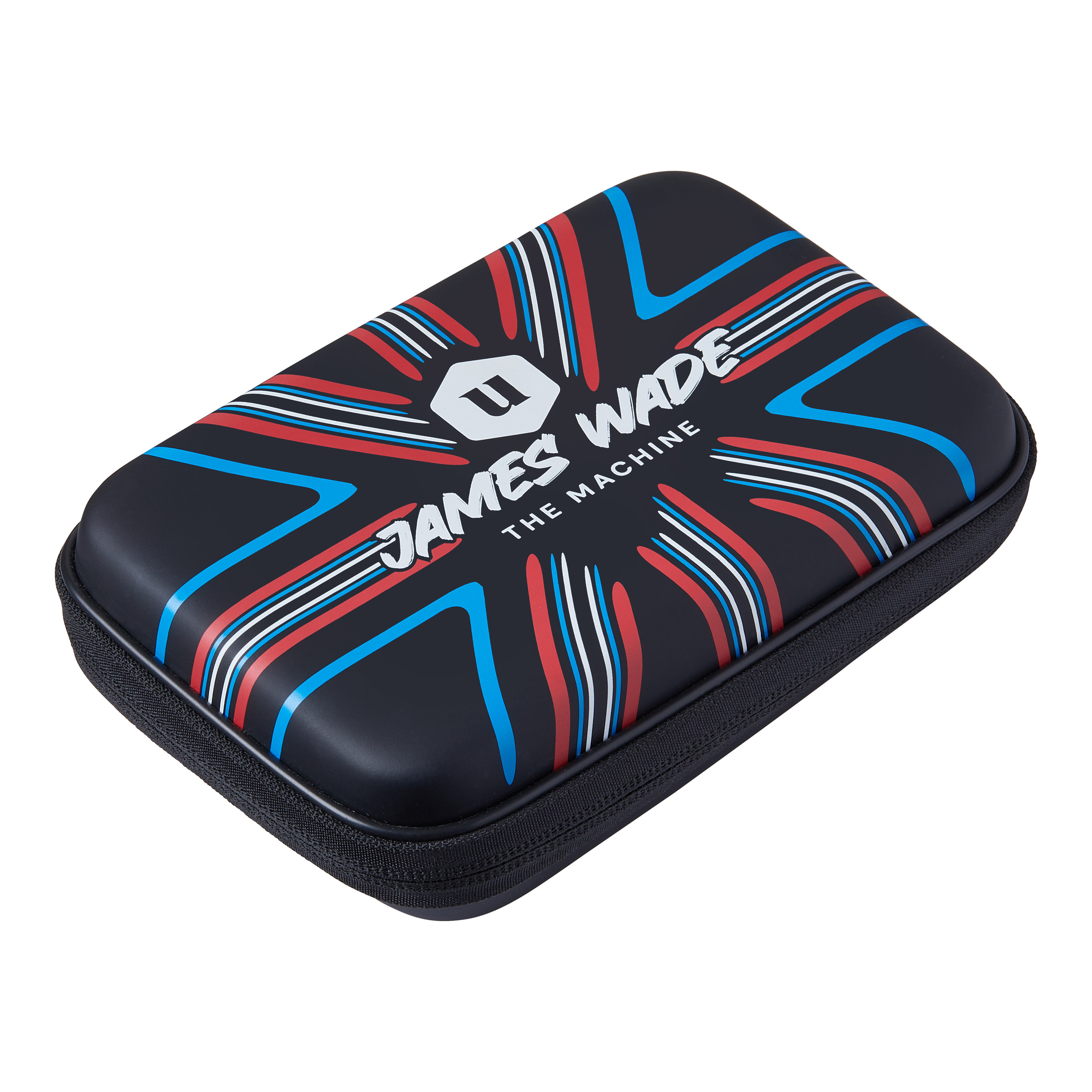 Portafoglio da freccette Unicorn Ultra James Wade Das Bild zeigt ein Dartwallet mit dem Aufdruck "James Wade The Machine". Das Etui ist schwarz mit roten, blauen und weißen Designelementen.