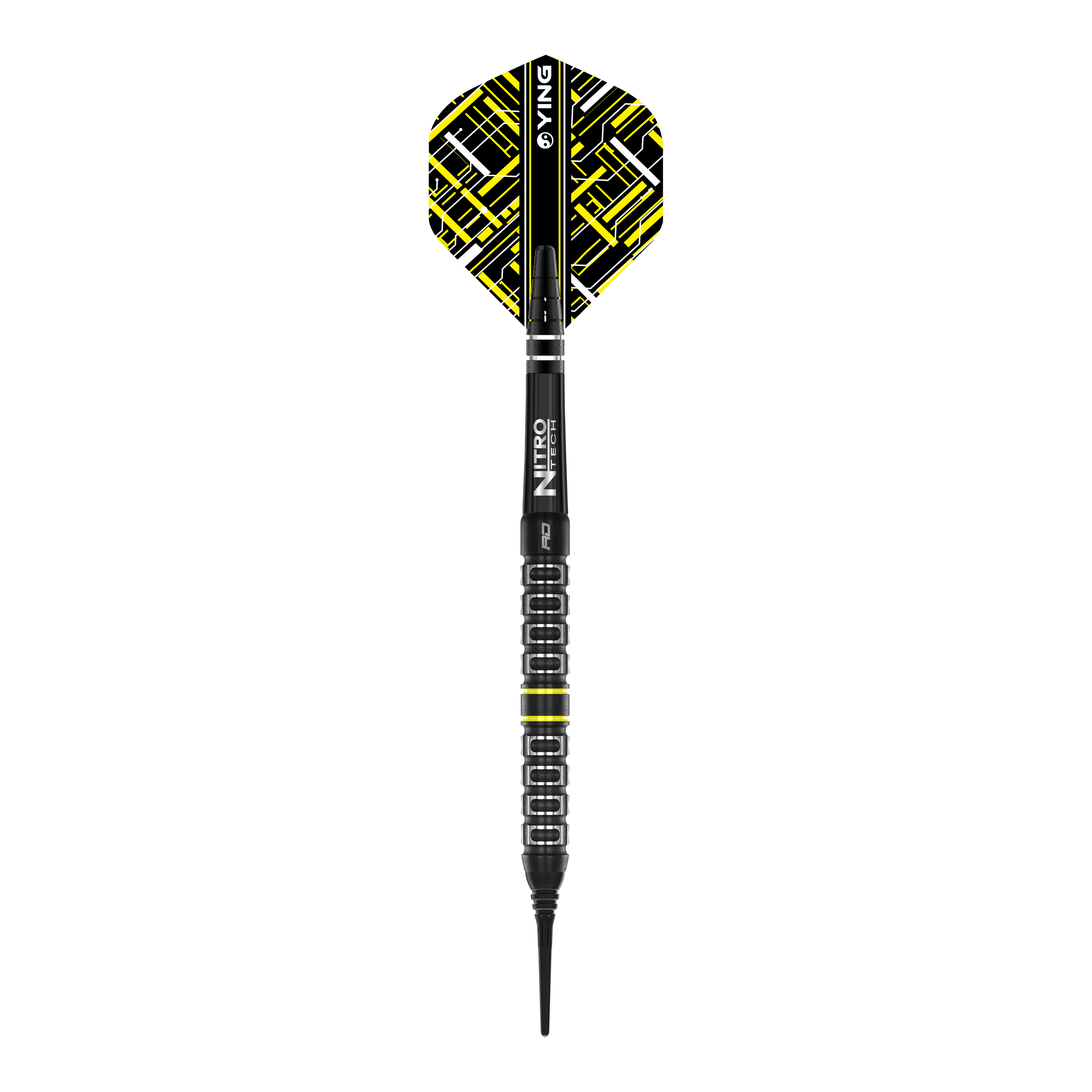 Red Dragon Astraeus Q4X Dardi Soft Paralleli - 20g Das Bild zeigt einen Red Dragon Astraeus Q4X Parallel Softdart mit einem Gewicht von 20g. Der Dart hat schwarze und gelbe Designelemente und eine strukturierte Griffzone.