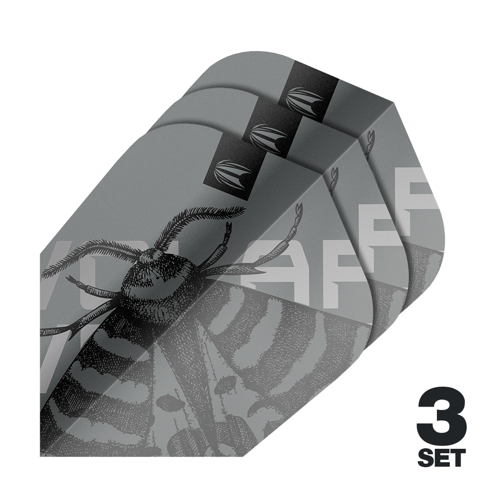 Target Pro Ultra Volar Ten-X Flights - 3 set Das Bild zeigt drei Sätze Target Pro Ultra Volar Ten-X Flights in grau mit einem stilisierten Insekten-Design. In der Ecke steht "3 Set" in schwarzer Schrift.