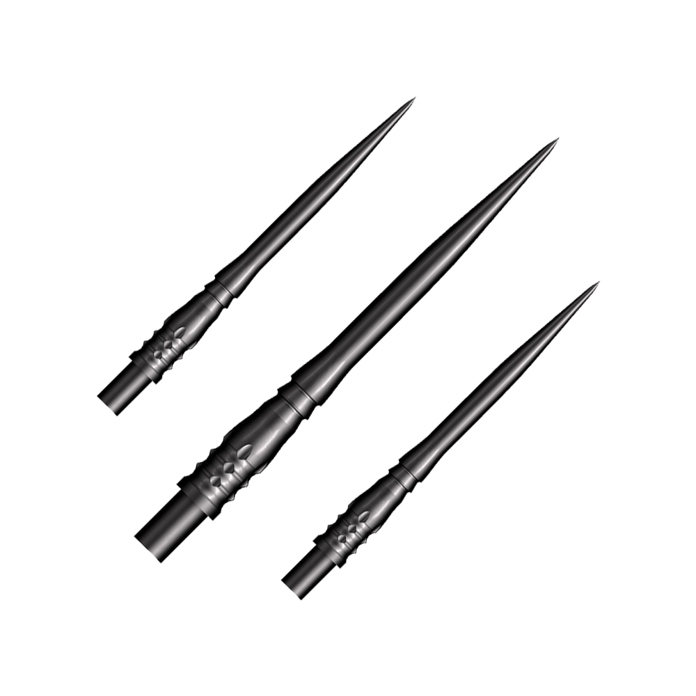 Punte per freccette Shot Cone Rocket Steel - Nere - 35 mm Das Bild zeigt drei schwarze Steeldart-Spitzen des Modells "Shot Cone Rocket" mit einer Länge von 35 mm. Die Spitzen sind schlank, spitz zulaufend und haben ein filigranes Design.