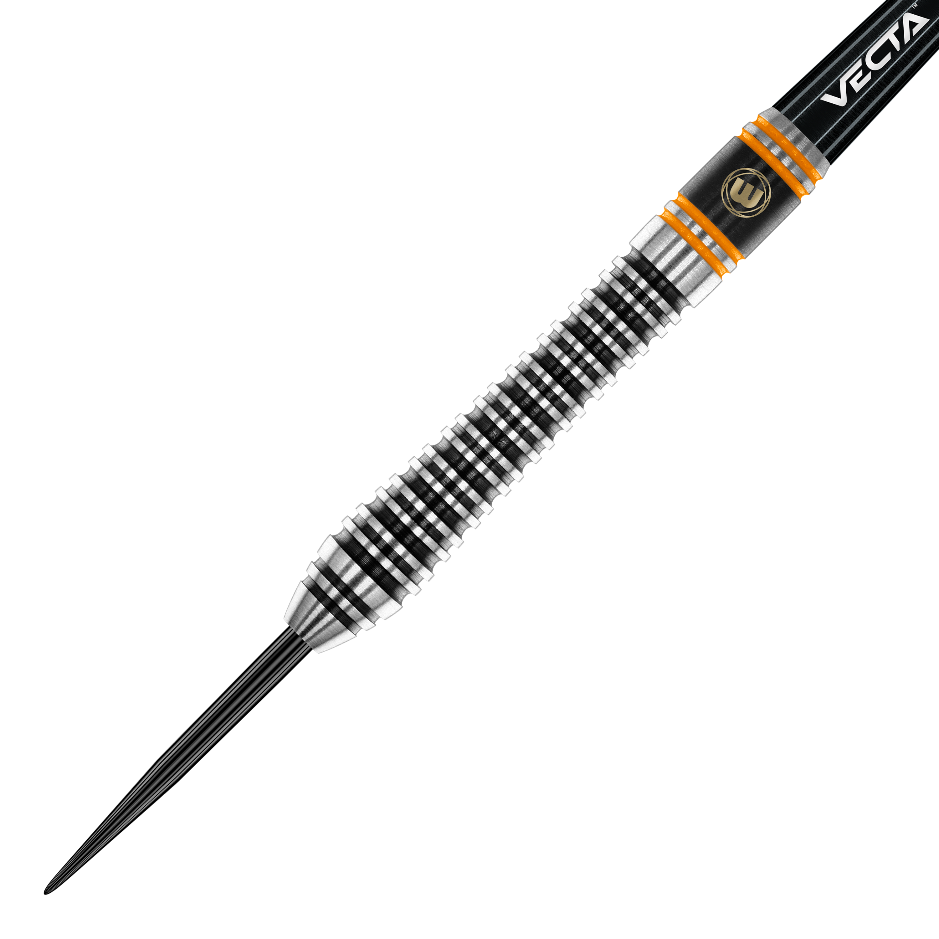Winmau Danny Noppert Signature Edition 2 freccette in acciaio Das Bild zeigt einen Winmau Danny Noppert Signature Edition 2 Steeldart. Der Dart hat ein silbernes und schwarzes Rillendesign mit orangenen Akzenten.