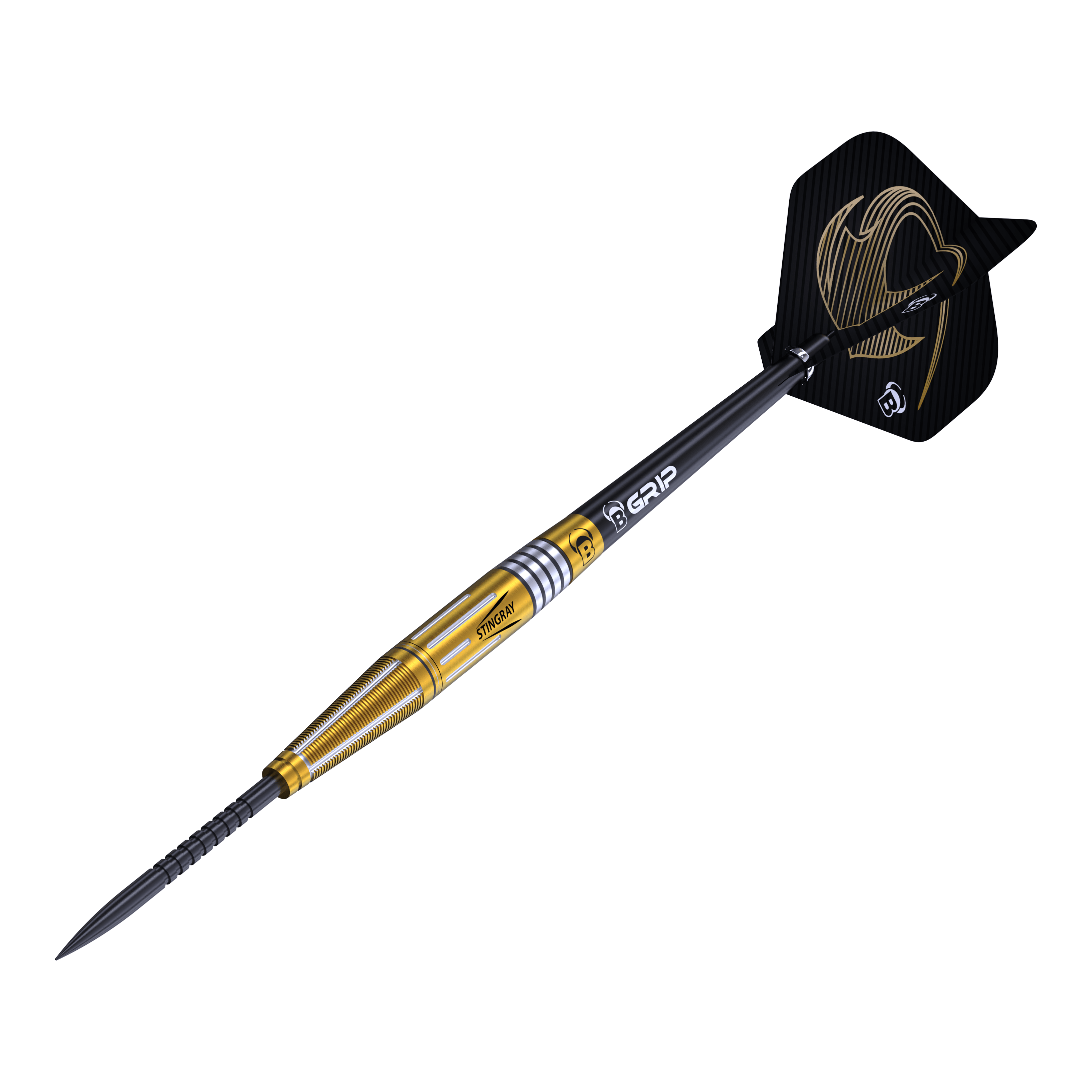Freccette in acciaio Bulls Stingray ST4 Das Bild zeigt einen Bulls Stingray ST4 Steeldart. Der Dart hat ein goldfarbenes Barrel und schwarze Flights mit einem auffälligen Design.