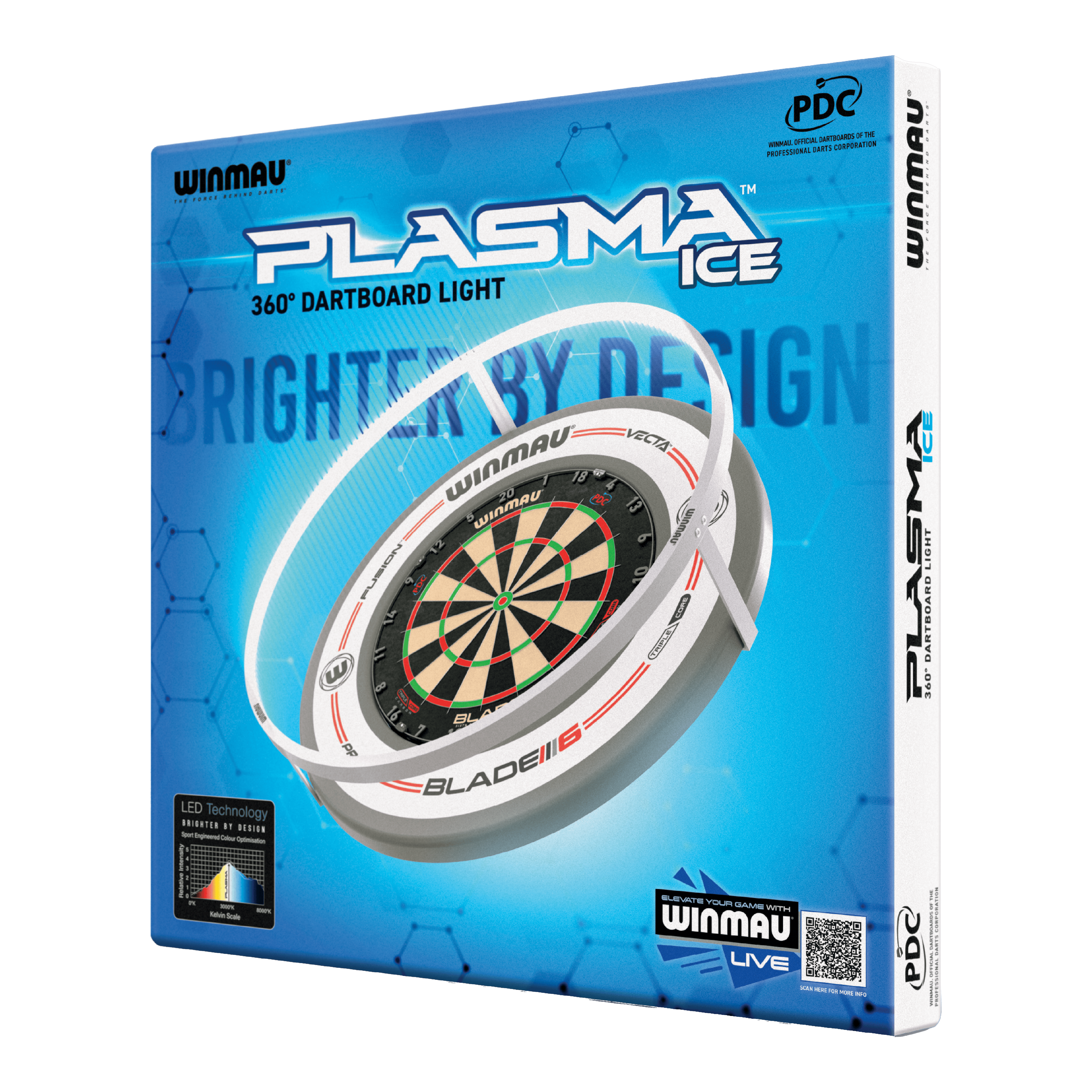 Luce LED per freccette al plasma Winmau Plasma Ice Die Abbildung zeigt die Verpackung des "Winmau Plasma Ice LED Dartboard Light". Das Produkt bietet eine 360° Beleuchtung für Dartboards.