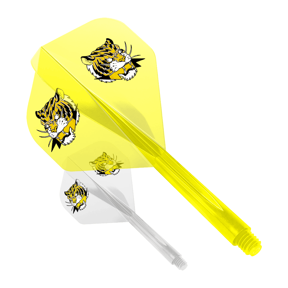 Condor AX Inazuma Tiger Mix Flight System Giallo Trasparente - Standard Das Bild zeigt zwei Dart-Flights des Modells "Condor AXE Inazuma Tiger Mix Flight-System" in Gelb und Transparent. Beide Flights sind mit einem Tigerkopf-Motiv bedruckt.