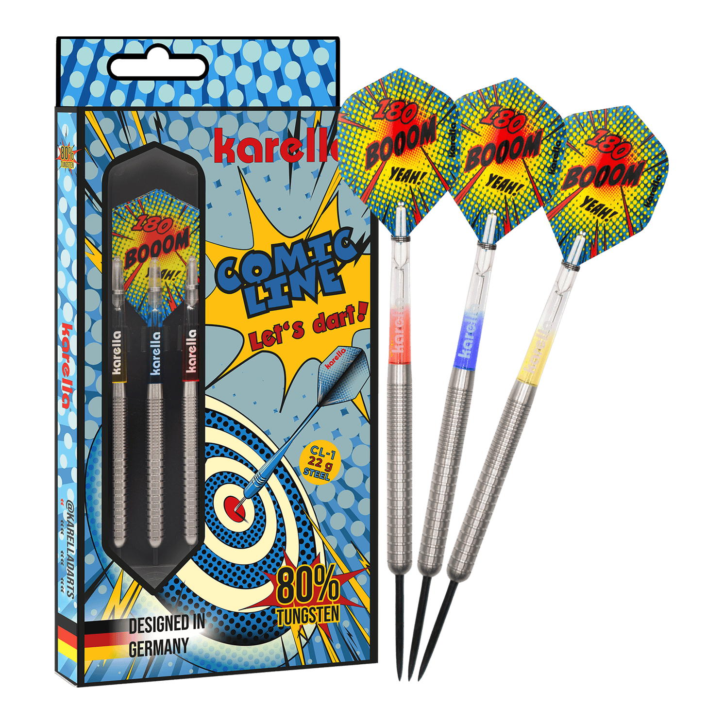 Freccette in acciaio Karella Comic Line CL-1 - 22 g Das Bild zeigt den Karella Comic Line CL-1 Steeldarts - 22g. Es veranschaulicht die vollständige Ansicht des Steeldartpfeils.
