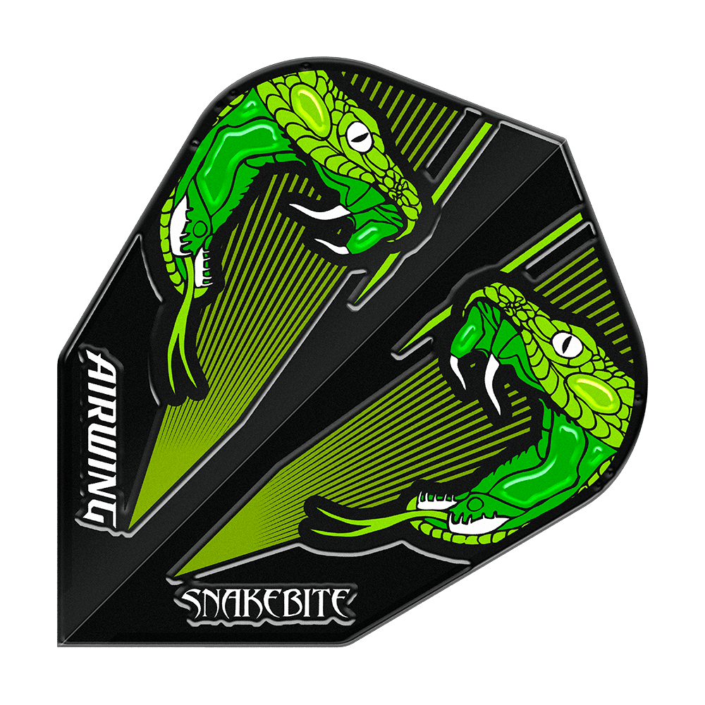 Voli standard Green V di Peter Wright Airwing del Red Dragon Das Bild zeigt einen Dartflight mit zwei grünen Schlangen auf schwarzem Hintergrund. Die Wörter "AIRWING" und "SNAKEBITE" sind auf dem Flight zu sehen.