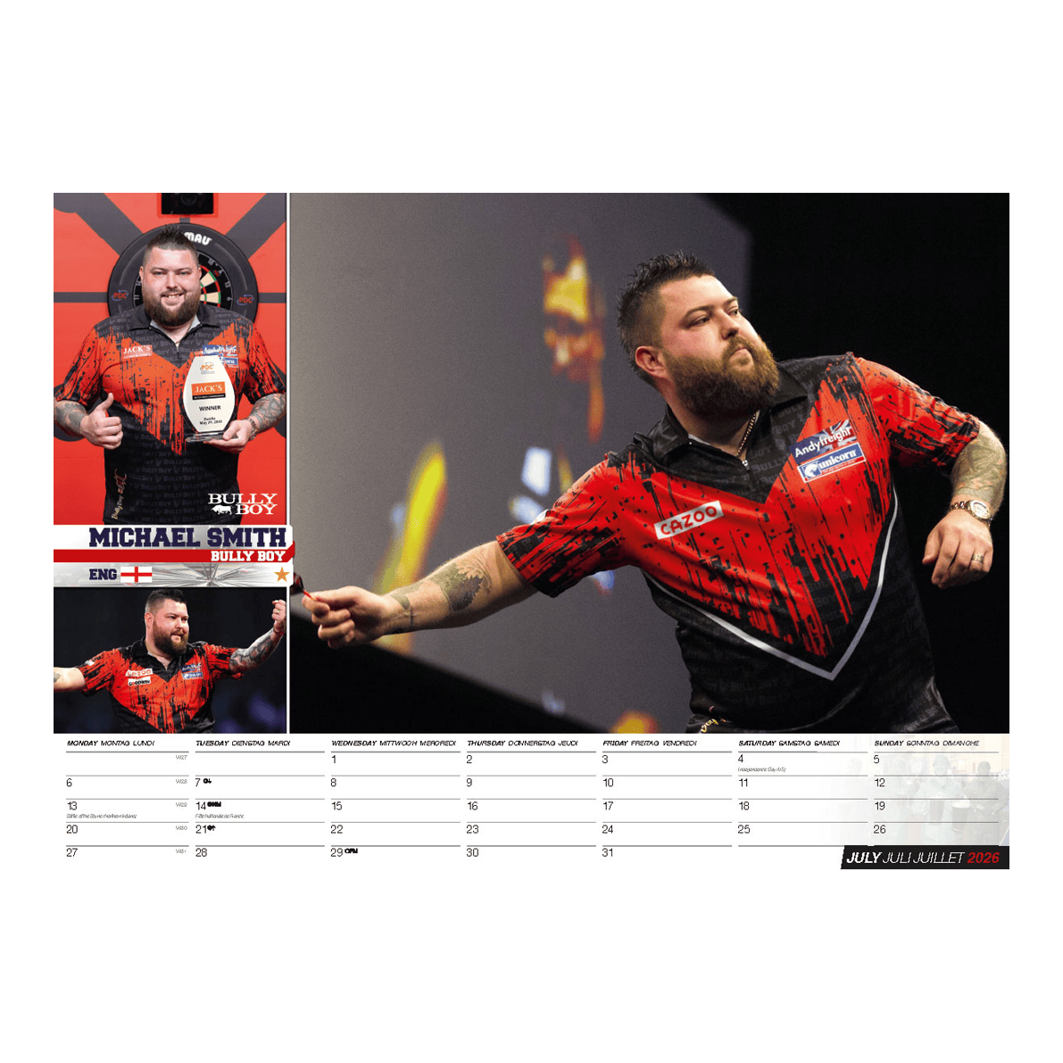 Calendario freccette 2026 Der Darts Kalender 2026 ist auf diesem Bild zu sehen. Es zeigt eine Vorschau des Kalenders für Dart-Fans.