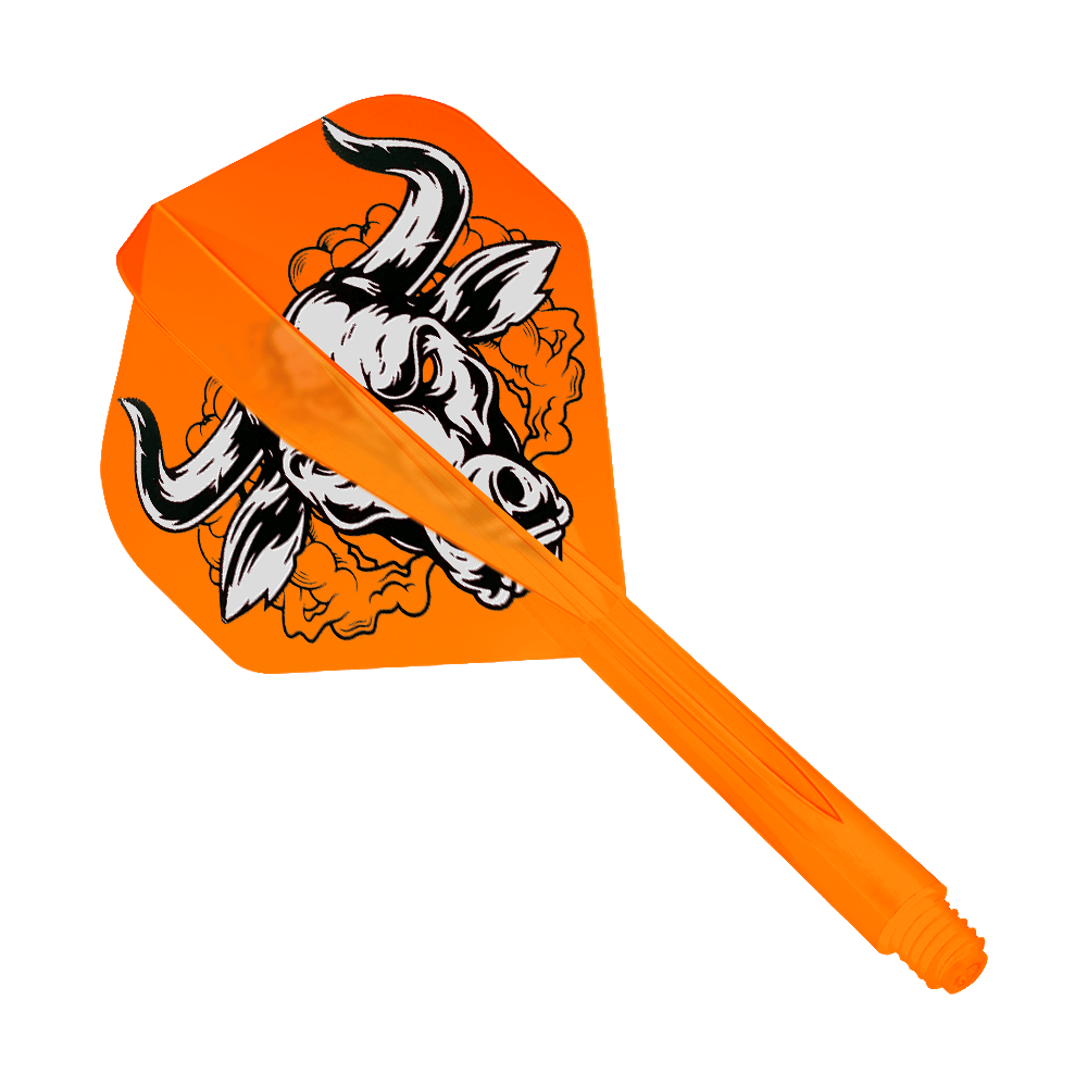 Condor Axe Aussie Bull Orange Sistema di volo standard Auf dem Bild ist ein orangefarbenes Dartflight-System mit einem auffälligen Bullen-Design zu sehen. Das Produkt heißt "Condor Axe Aussie Bull Orange Flight-System Standard".