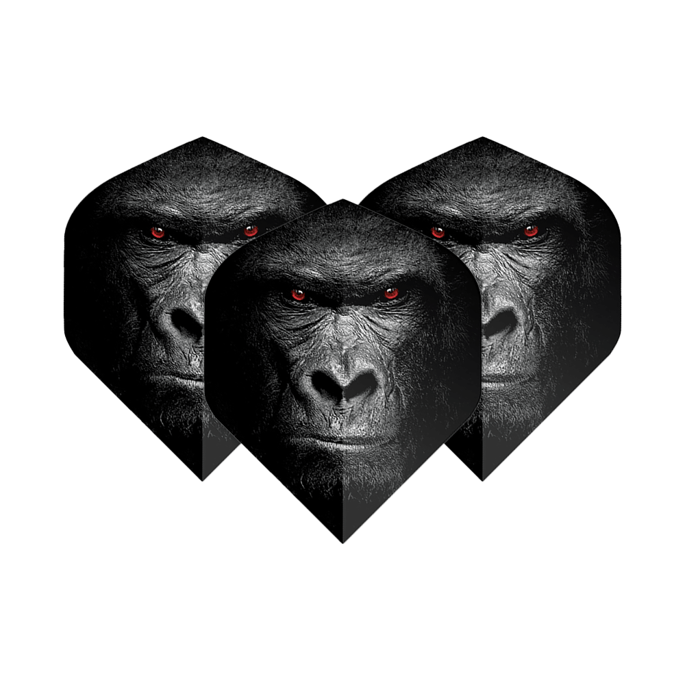Voli Pentathlon Gorilla Das Bild zeigt drei Dart-Flights mit dem Gesicht eines Gorillas und leuchtend roten Augen. Die Flights sind das Produkt "Pentathlon Gorilla No2 Standard Flights".