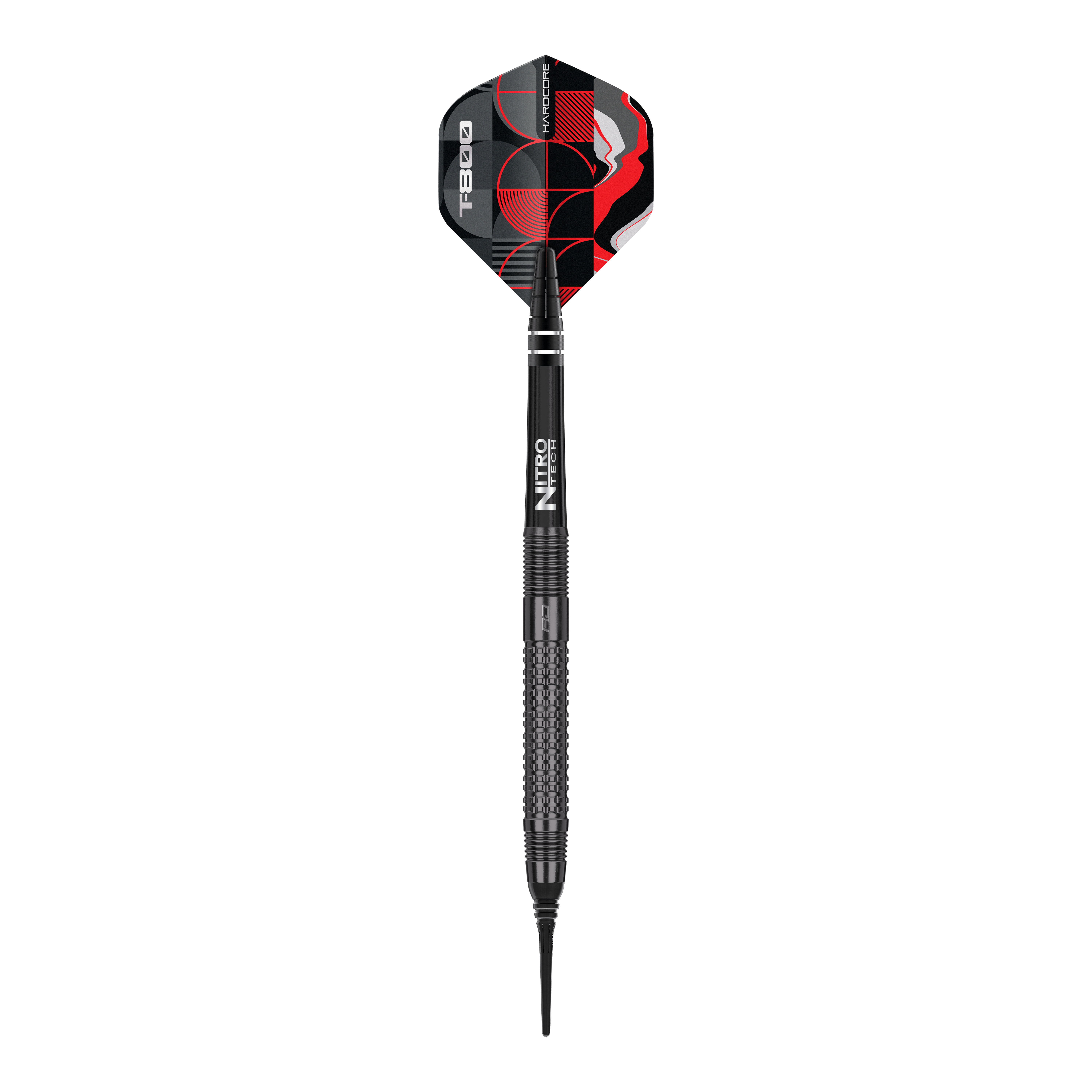 Freccette morbide Red Dragon T-800 - 20 g Das Bild zeigt einen Red Dragon T-800 Softdart mit einem Gewicht von 20g. Der Dart ist schwarz mit roten und weißen Designelementen auf dem Flight.