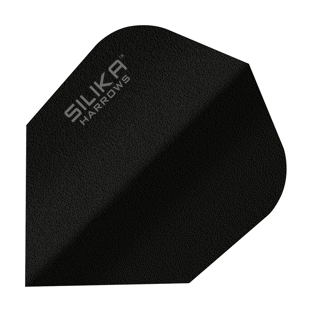 Harrows Silice Solido Rivestimento cristallino resistente Volo nero No6 Das Bild zeigt einen schwarzen Dartflight mit der Aufschrift "SILIKA HARROWS". Es handelt sich um das Modell "Silika Solid Tough Crystalline Coating Black No6".