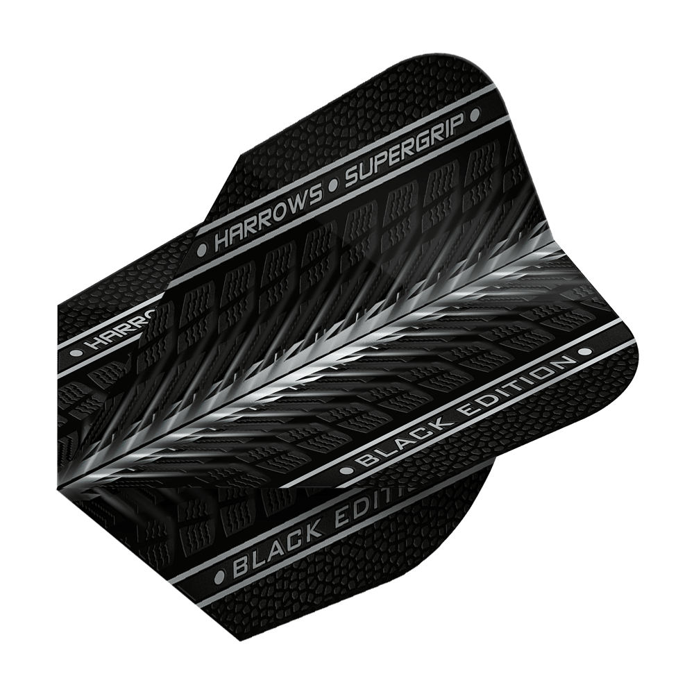 Alette Harrows Supergrip Black Edition n. 6 Das Bild zeigt das Produkt "Harrows Supergrip Black-Edition No6 Flights" in schwarzem Design. Auf dem Flight sind die Schriftzüge "HARROWS • SUPERGRIP" und "BLACK EDITION" zu sehen.