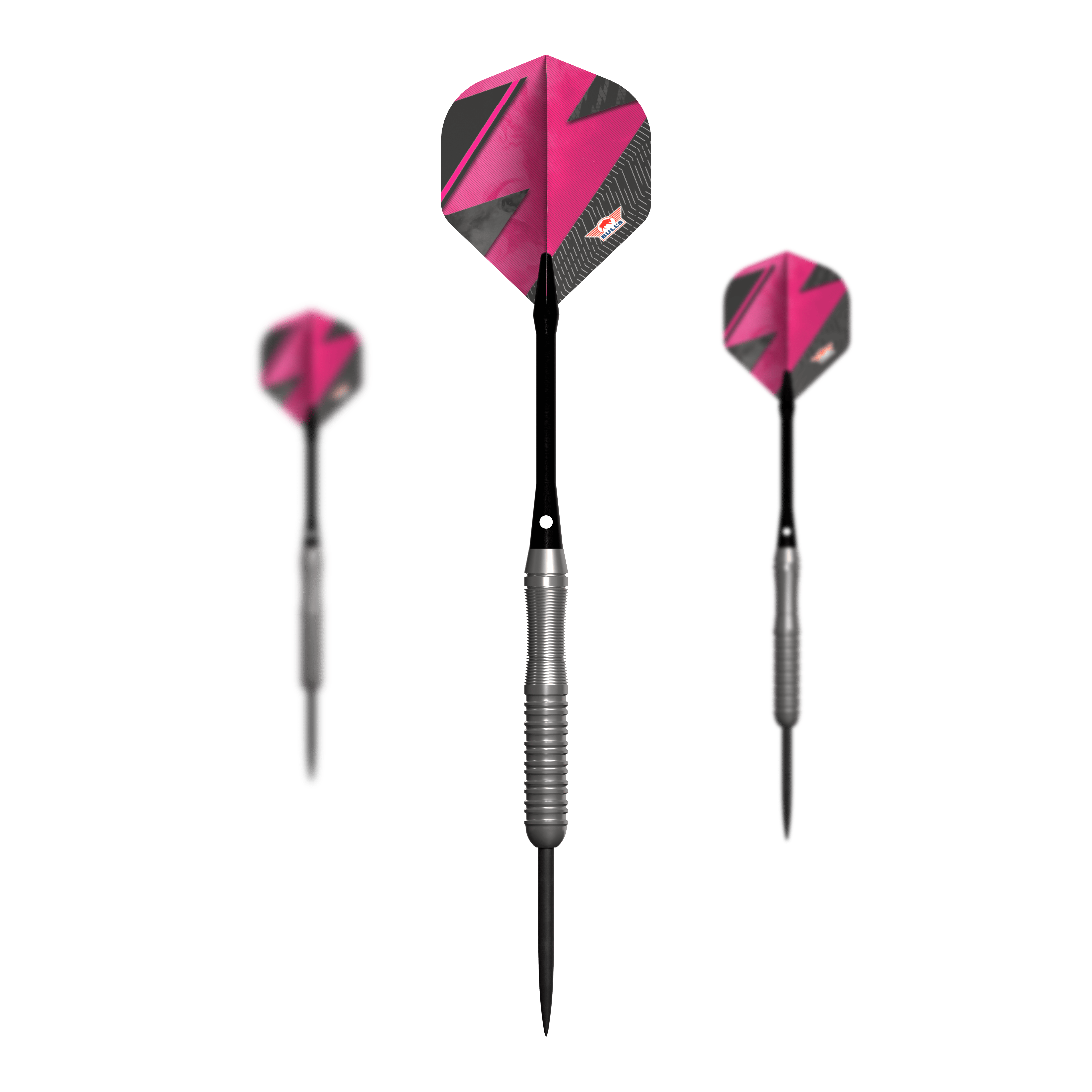 Freccette in acciaio Bulls NL Lightning Pink Das Bild zeigt drei Steeldarts mit silbernem Griff und pink-schwarzen Flights. Es handelt sich um das Produkt "Bulls NL Lightning Pink Steeldarts".