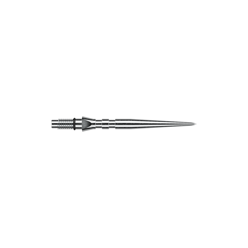 Das Bild zeigt silberfarbene Steeldartspitzen mit Rillen, vermutlich 'Switch Point Groove Silver Effect' und 26mm lang. Die Spitzen sind für Steeldarts vorgesehen.