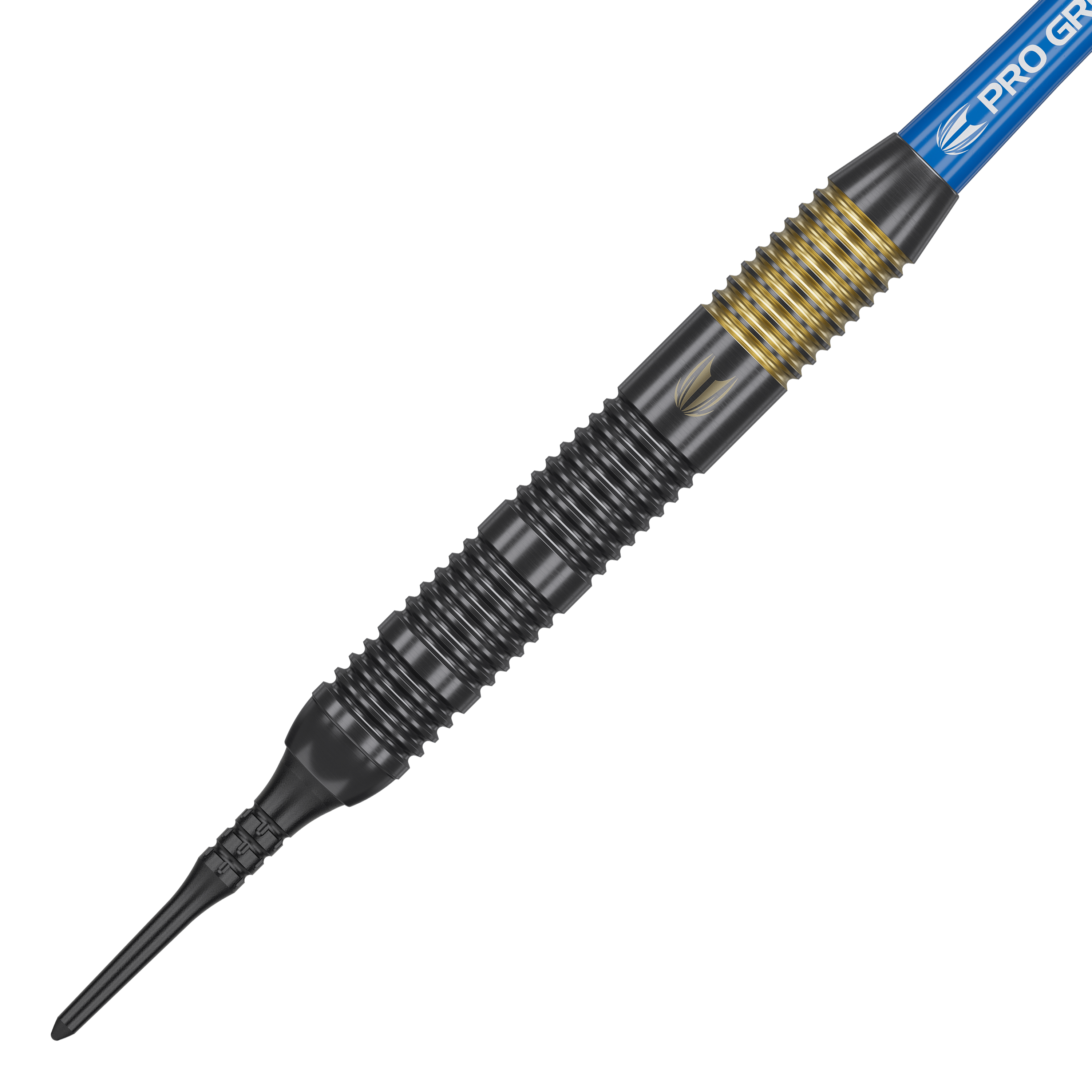 Freccette morbide Target Josh Rock Brass - 18 g Das Bild zeigt einen Target Josh Rock Brass Softdart mit einem Gewicht von 18 Gramm. Der Dart hat einen schwarz-goldenen, gerillten Griff und eine blaue Flight-Halterung.