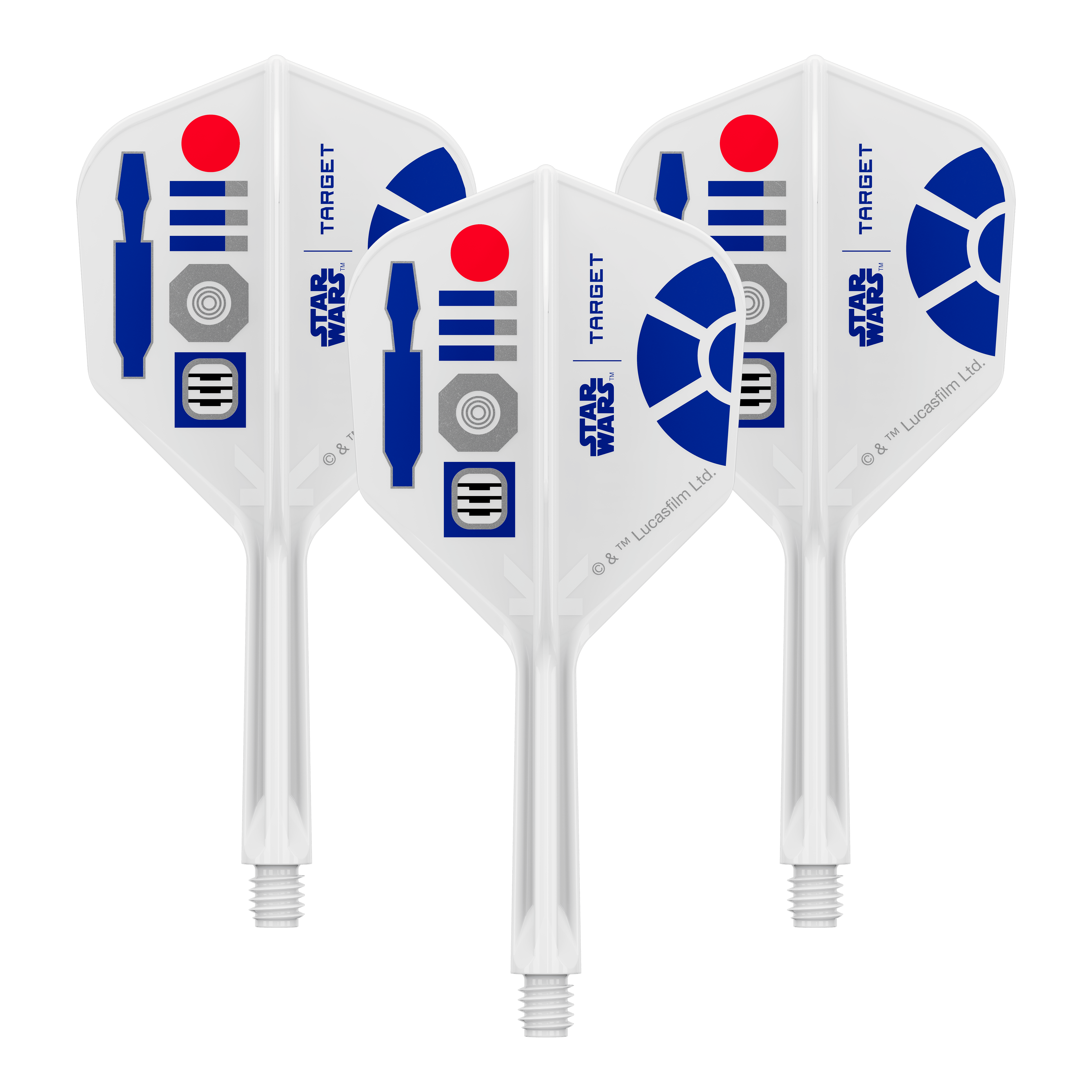 Voli Target Star Wars K-Flex R2D2 No6 Abgebildet ist ein Produkt mit dem Dateinamen 410511_Target_StarWars_KFlex_R2D2_No6_Flights_Intermediate_26mm_1Set. Es könnte sich um ein Set von Dart-Flights mit Star Wars Motiv handeln.