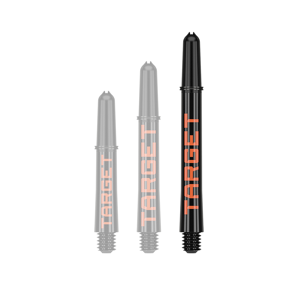 Aste Target Pro Grip TAG - 3 set - Nero Arancione Das Bild zeigt drei schwarze Dartschäfte in verschiedenen Längen mit orangefarbener Schrift. Auf jedem Schaft steht das Wort "TARGET".