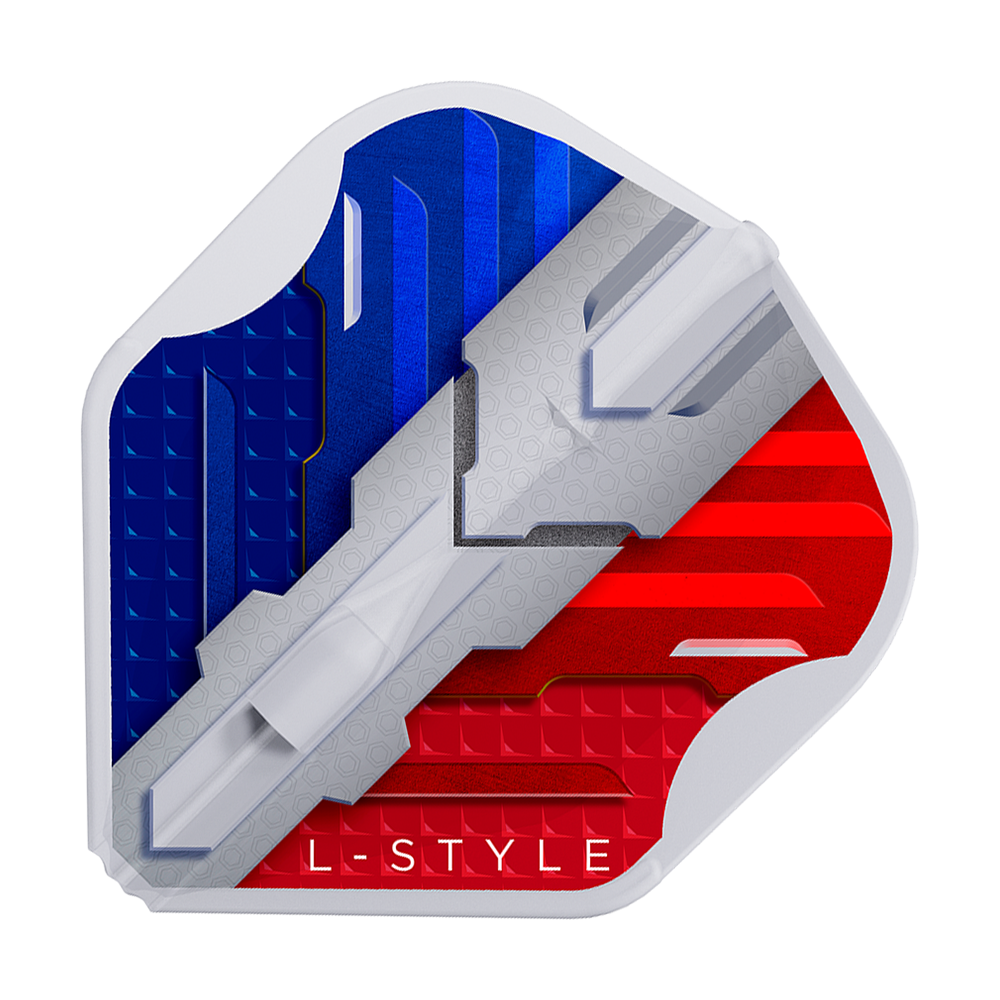 Alette L-Style V-Series V1 Tipo B Francia Bianco Trasparente L1EZ Das Bild zeigt ein Dartflight mit den Farben der französischen Flagge in Blau, Weiß und Rot. Unten steht der Schriftzug "L-STYLE".