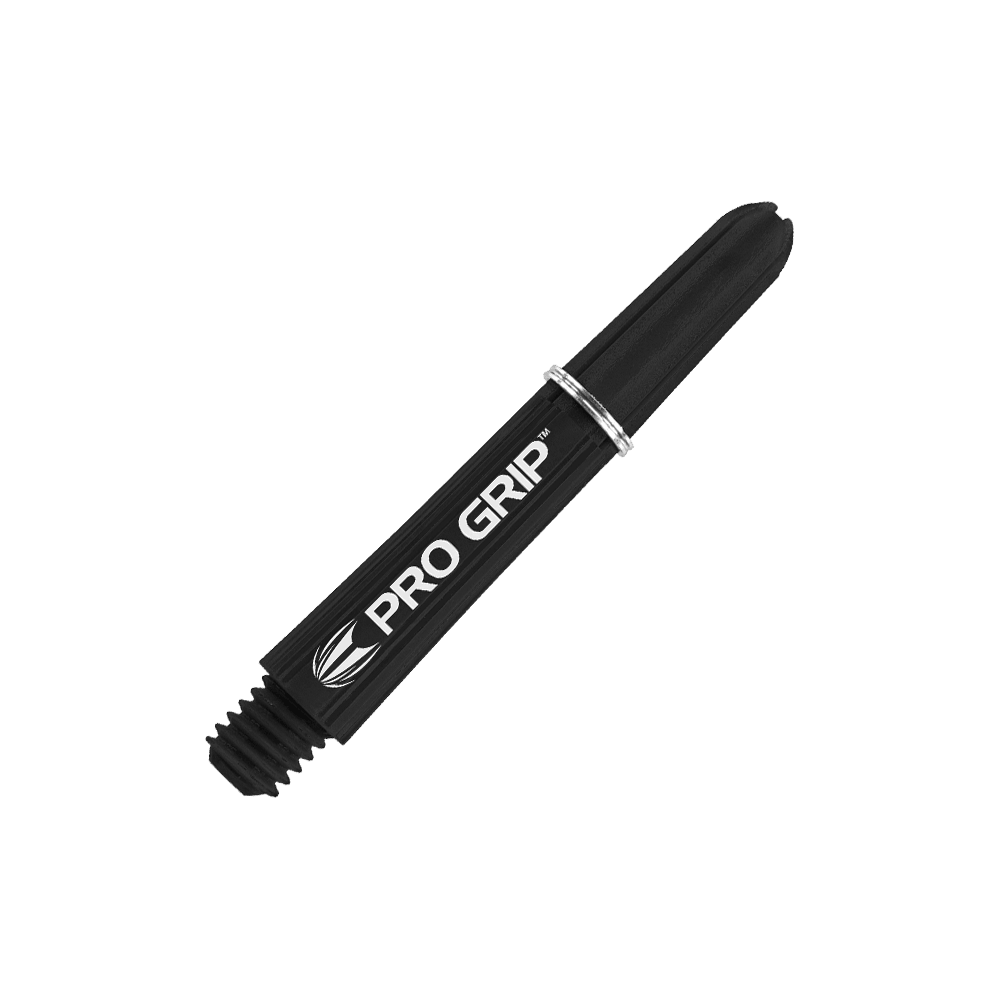 Target Pro Grip Shafts - 3 set - Nero Das Bild zeigt einen schwarzen Pro Grip Schaft für Dartpfeile mit weißer Schrift. Der Schaft ist 34 mm lang und hat einen silbernen Ring.