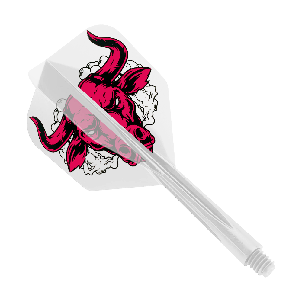 Condor Axe Aussie Bull Clear Flight System piccolo Das Bild zeigt einen klaren Dart-Flight mit einem roten Stierkopf-Design. Es handelt sich um das Produkt „Condor Axe Aussie Bull Clear Flight-System Small“.