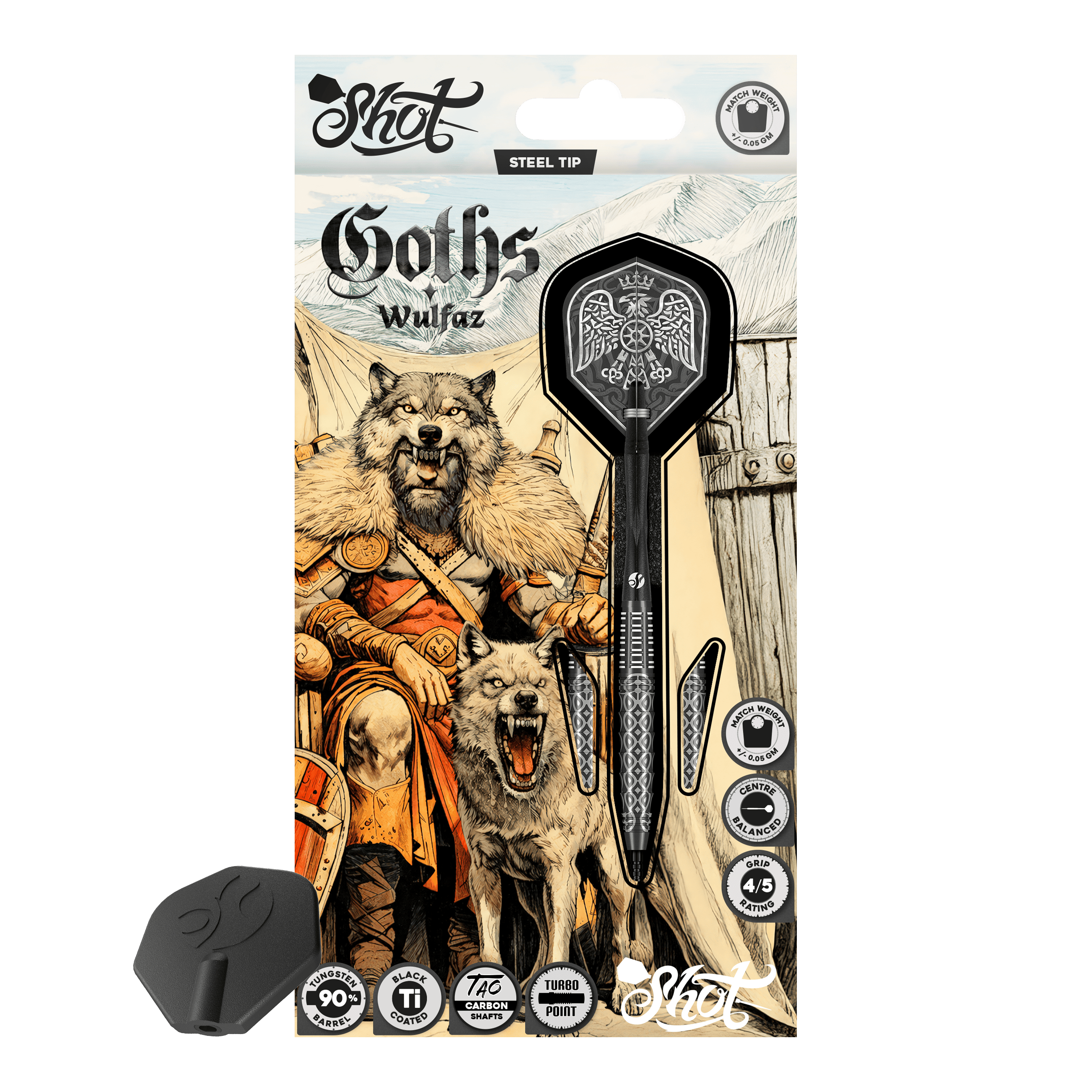 Freccette in acciaio Shot Goths Wulfaz Turbo Point - 23 g Das Bild zeigt die Shot Goths Wulfaz Turbo Point Steeldarts mit 23 Gramm. Diese Pfeile sind für das Steeldartspiel konzipiert.