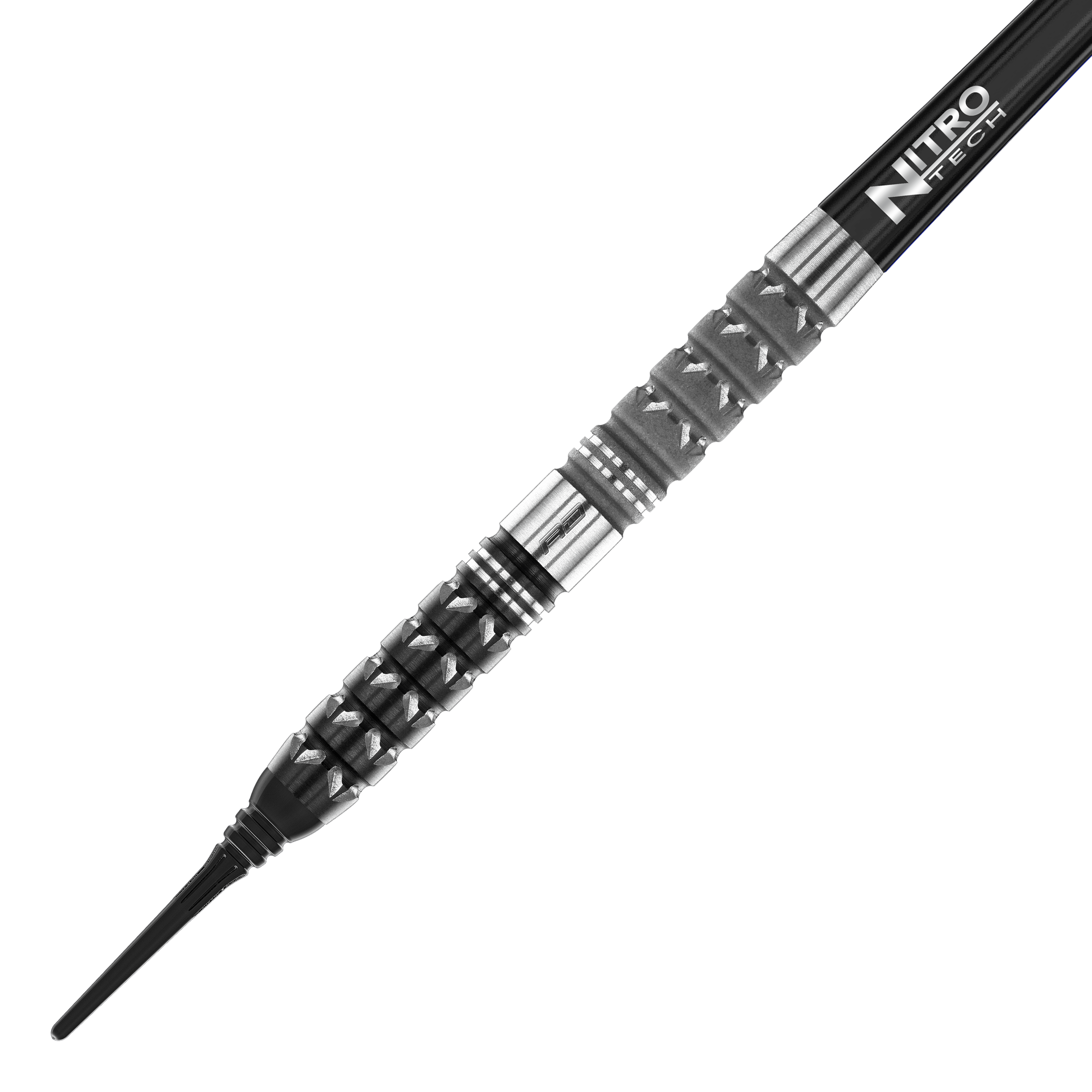 Freccette morbide coniche Red Dragon Paradym - 20 g Das Bild zeigt den Red Dragon Paradym Tapered Softdart mit einem Gewicht von 20g. Der Dart hat ein markantes, silber-schwarzes Design mit spezieller Griffstruktur und der Aufschrift "Nitro Tech" am Schaft.